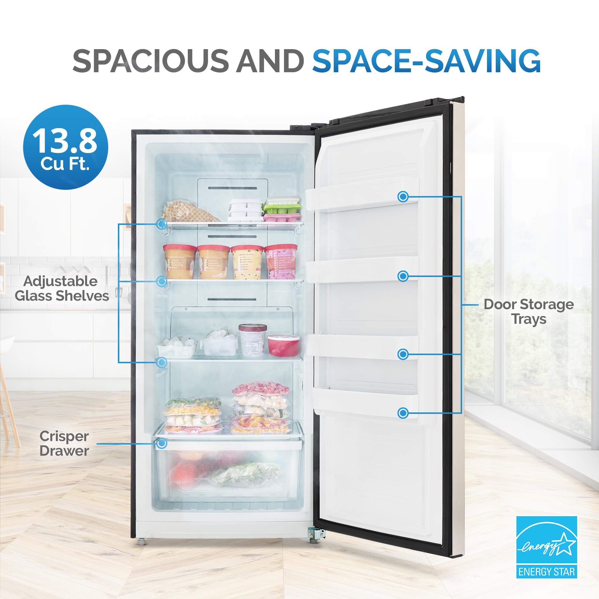 Newair 13.8 cu. ft. Upright Freezer - Convertible Fridge Freezer, Frost-Free Deep Freezer with Door Alarm & LED Light, Garage Ready Refrigerator for Home, Basement, or Commercial Use - Perfect for Storing Meat, Frozen Foods, and Bulk Groceries