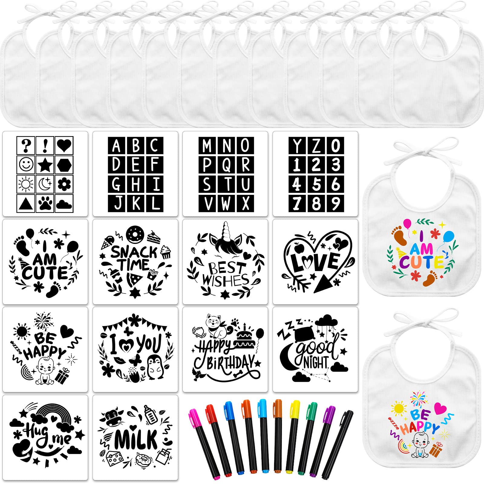 Jutom 38-Piece DIY Baby Bib Decorating Kit - 14 Bibs, 14 Stencils, 10 Fabric Markers & 2-Ply Feeder Bibs for Baby Shower Games, Birthday Parties & Creative Crafting