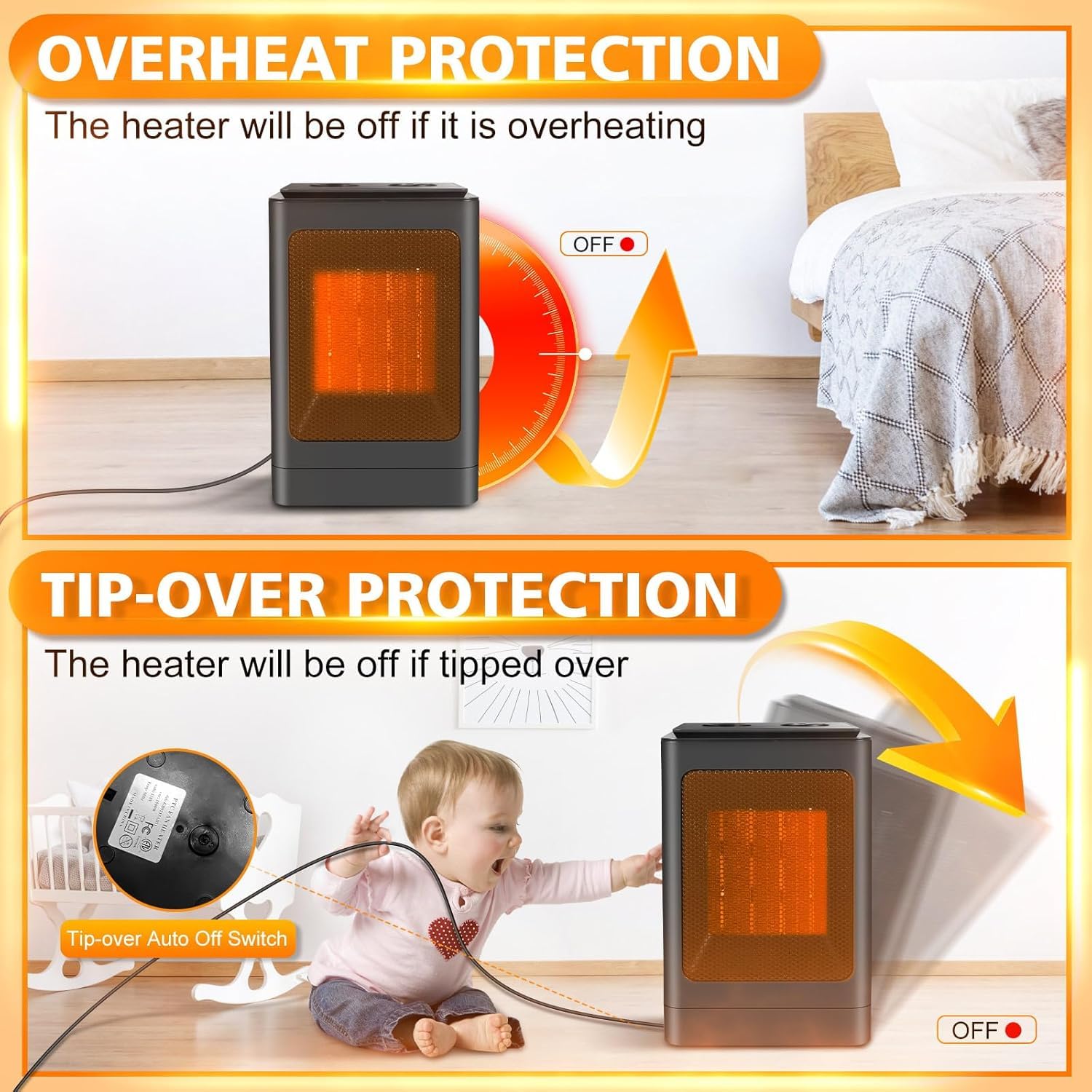 Portable PTC Space Heater with Fan - 750W/1500W Low Energy Silent Electric Heater for Home, Office & Dorm - Overheat & Tip-Over Protection, 6 Adjustable Modes & Thermostat - Perfect for Winter Warmth & Small Room Heating