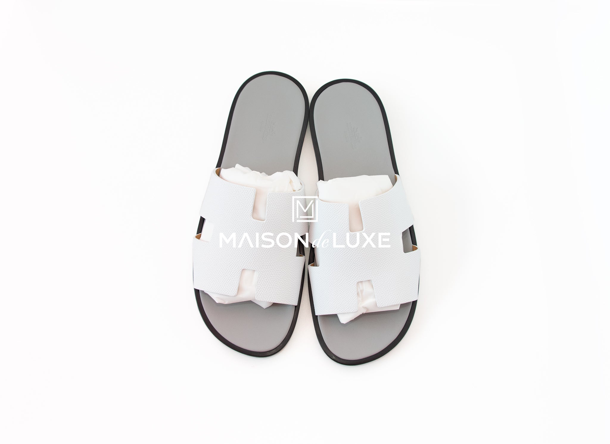 Hermes Men's White & Gray Izmir Sandal Size 43.5 | Premium Leather Summer Slides for Beach, Pool & Casual Wear