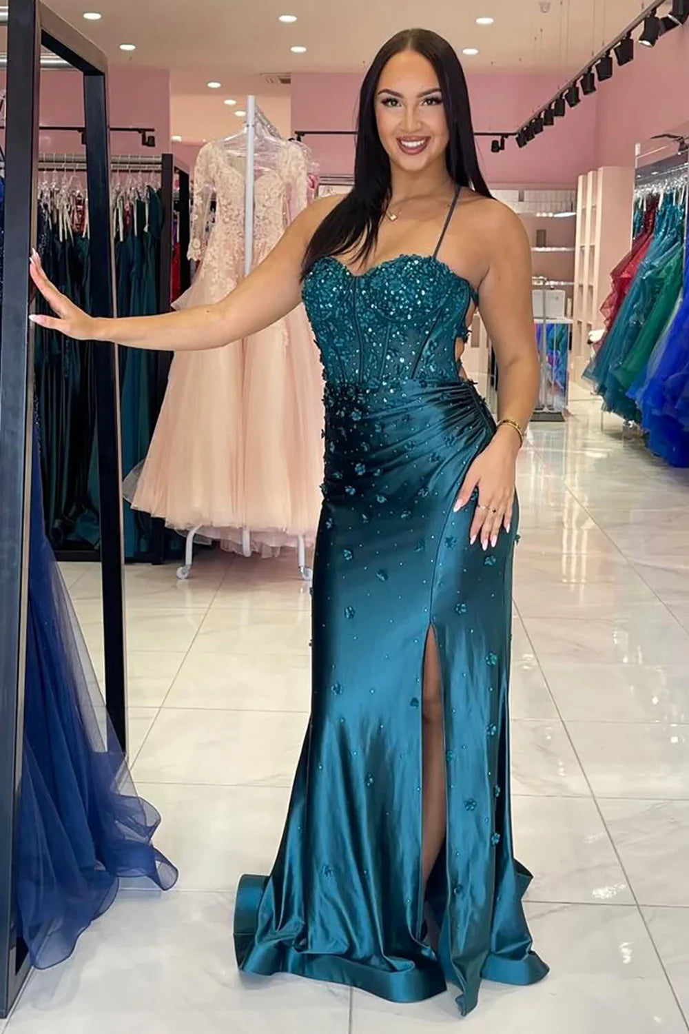 Elegant Navy Blue Corset Pleated Prom Dress with Floral Appliques - Perfect for Homecoming, Formal Dances & Special Occasions