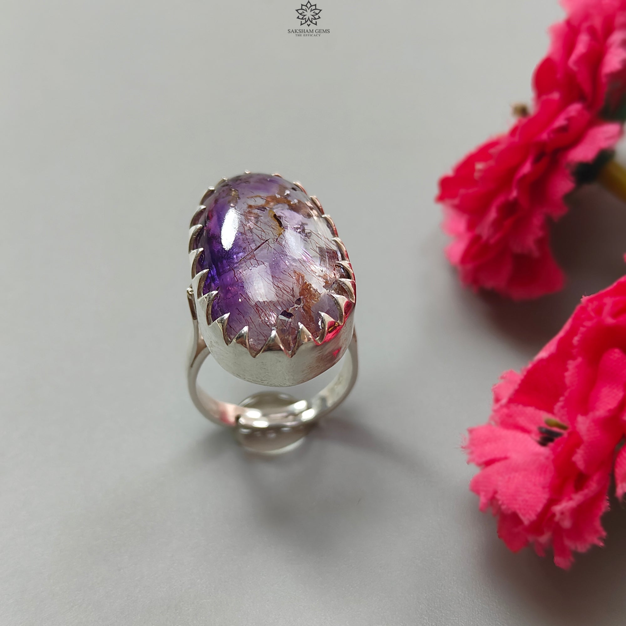 Natural Super Seven Amethyst 925 Sterling Silver Adjustable Ring - 10.86gms Untreated Gemstone Bezel Set Jewelry for Women, Gift for Her, Spiritual Healing, Meditation & Everyday Elegance