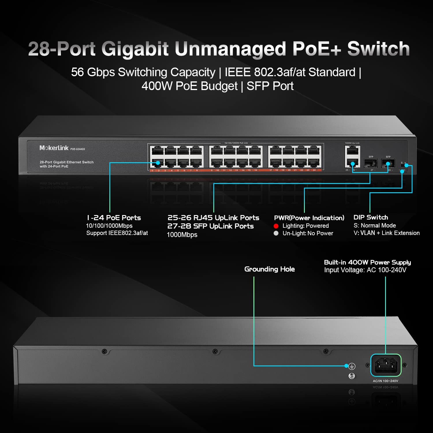 MokerLink 24 Port Gigabit PoE Switch with 2 Ethernet Uplink & 2 SFP Ports, 400W IEEE 802.3af/at Rackmount Unmanaged Network Switch for Home Office, Surveillance & Business Networking