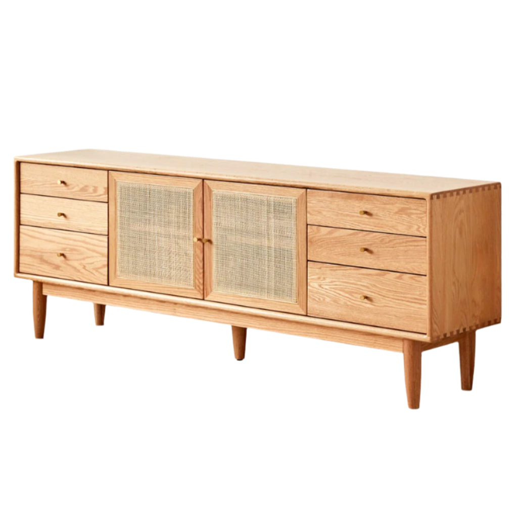 Modern Oak Solid Wood Rattan TV Stand with Storage - Entertainment Center for Living Room, Bedroom & Home Theater Setup