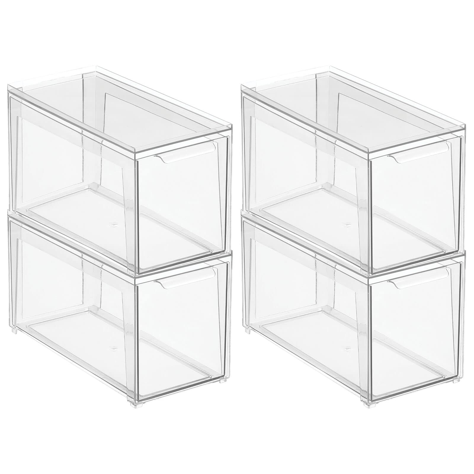 mDesign Clear Plastic Stackable Bathroom Storage Organizer Bins with Front Pull Drawer - 4-Pack for Countertop, Vanity & Closet Organization - Perfect for Makeup, Toiletries & Accessories in Bathroom, Bedroom or Dorm