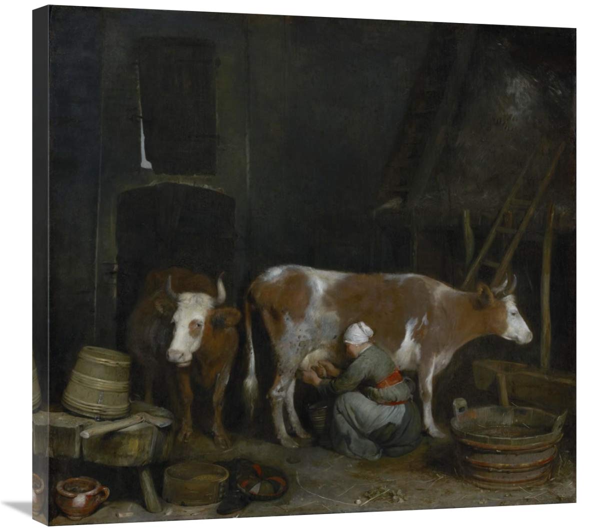 Global Gallery 'A Maid Milking a Cow in a Barn' Canvas Wall Art - 30x28.5 Inches Farmhouse Decor - Perfect for Living Room, Bedroom or Country Style Home