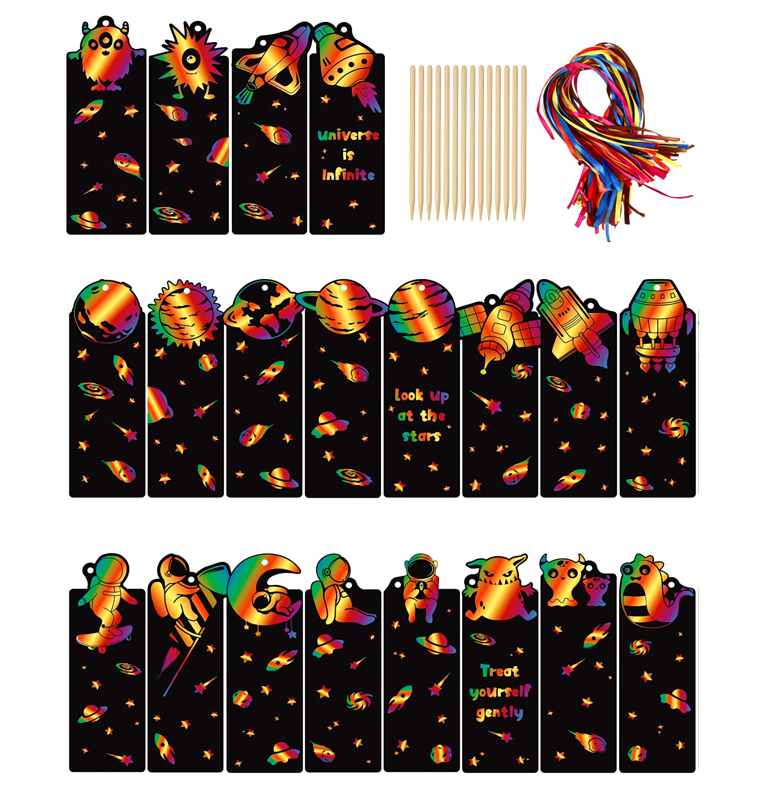 100 Pcs Space Theme Scratch Art Bookmarks - DIY Rainbow Scratch Bookmarks for Kids, Classroom & School Supplies, Fun Space Party Favors - Perfect for Reading, Crafts, Gifts & Classroom Rewards