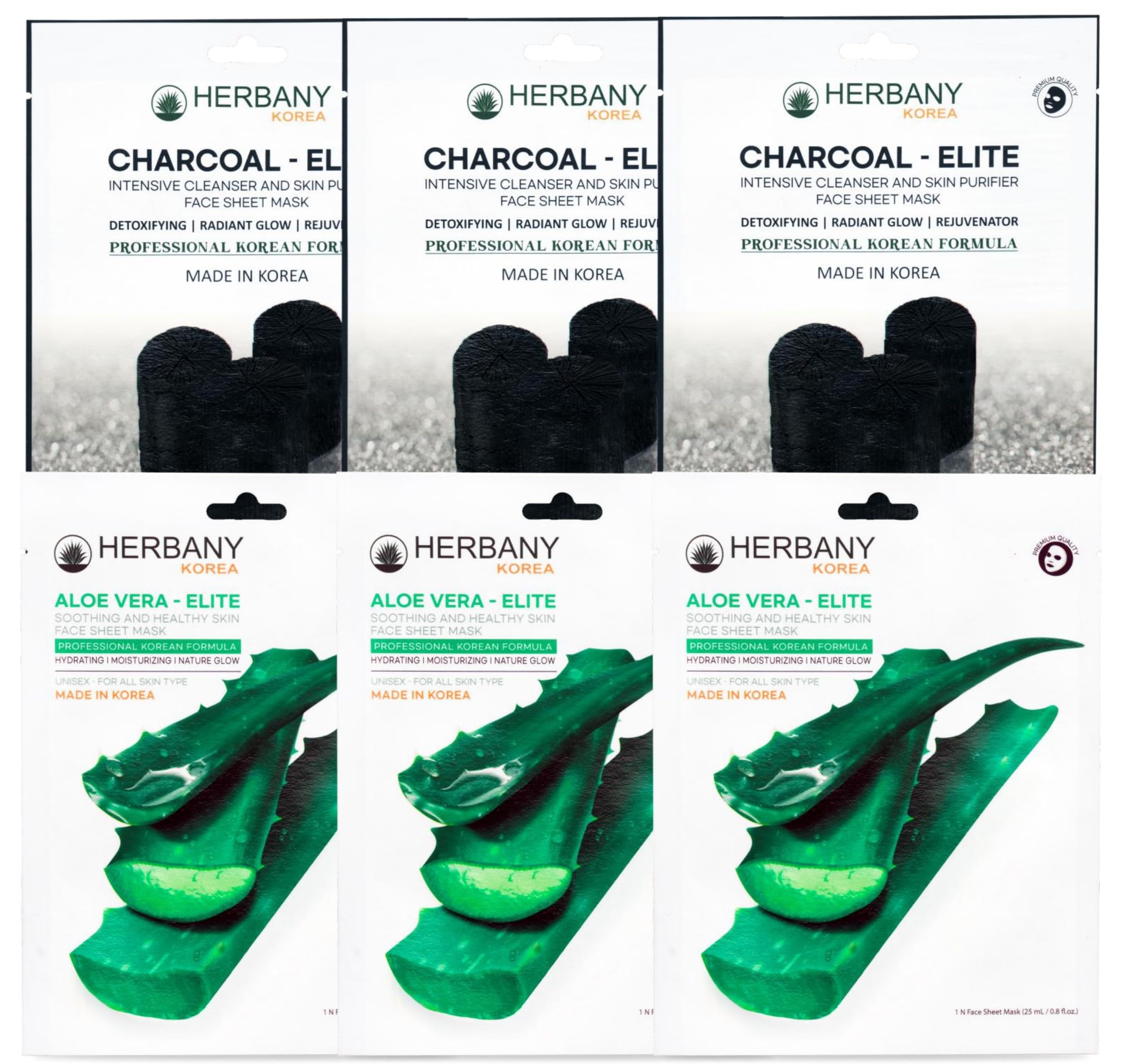 Korean Aloe Vera & Charcoal Face Mask Pack of 6 - Hydrating & Detoxifying for All Skin Types