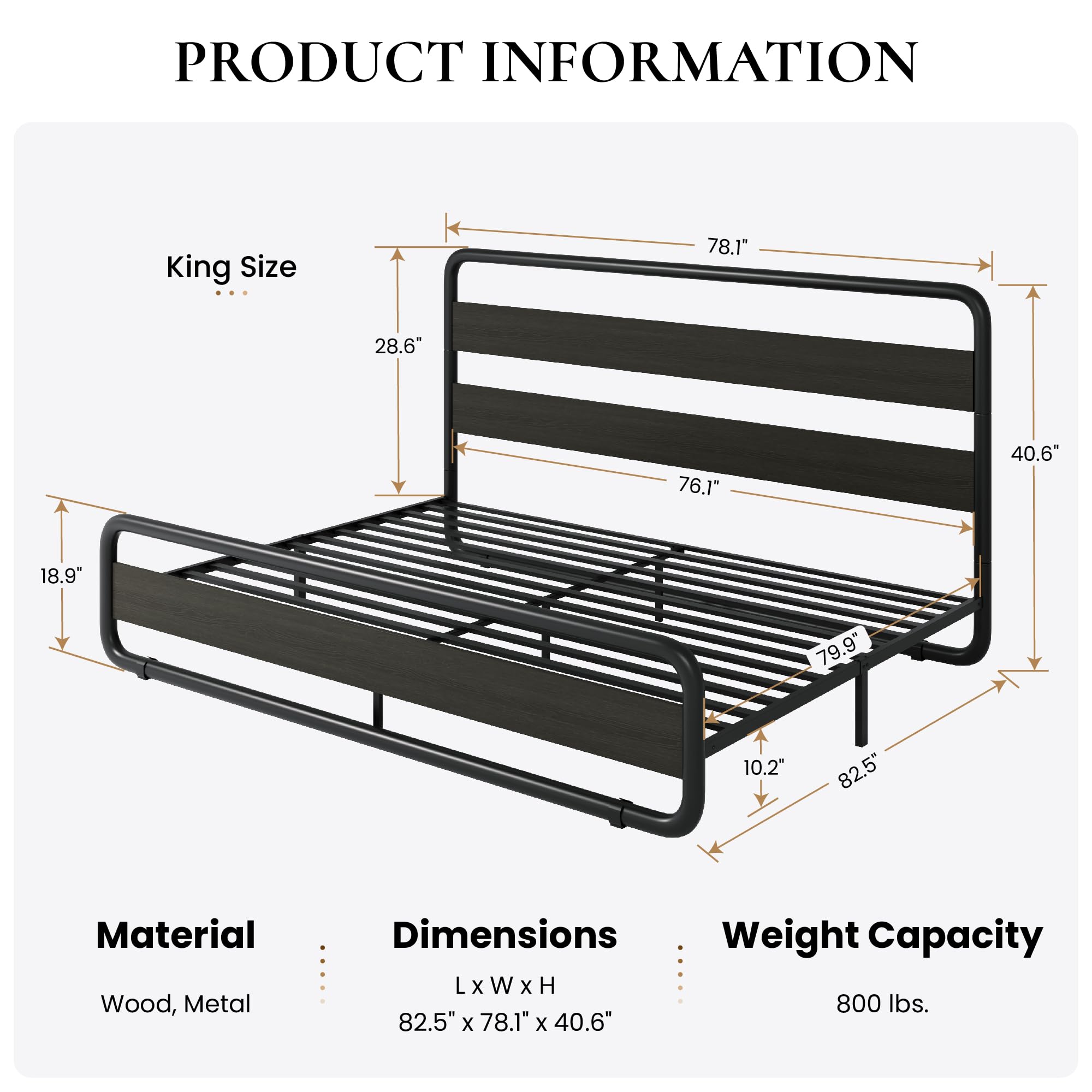 King Size Metal Bed Frame with Wooden Headboard & Footboard - Heavy Duty Platform Bed with 10