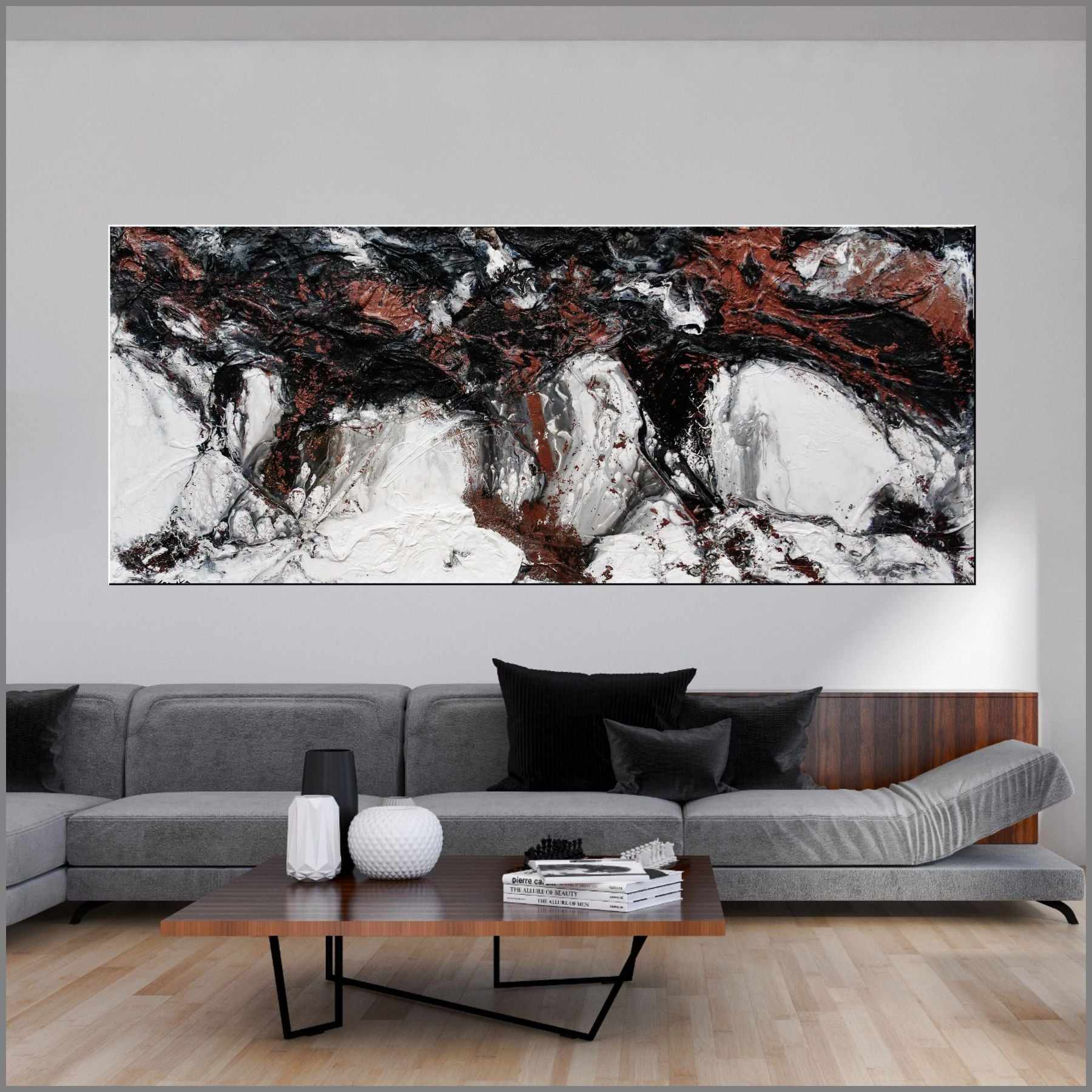 240cm x 100cm Copper Black White Textured Abstract Canvas Art Painting - Modern Home Decor for Living Room, Bedroom & Office Wall