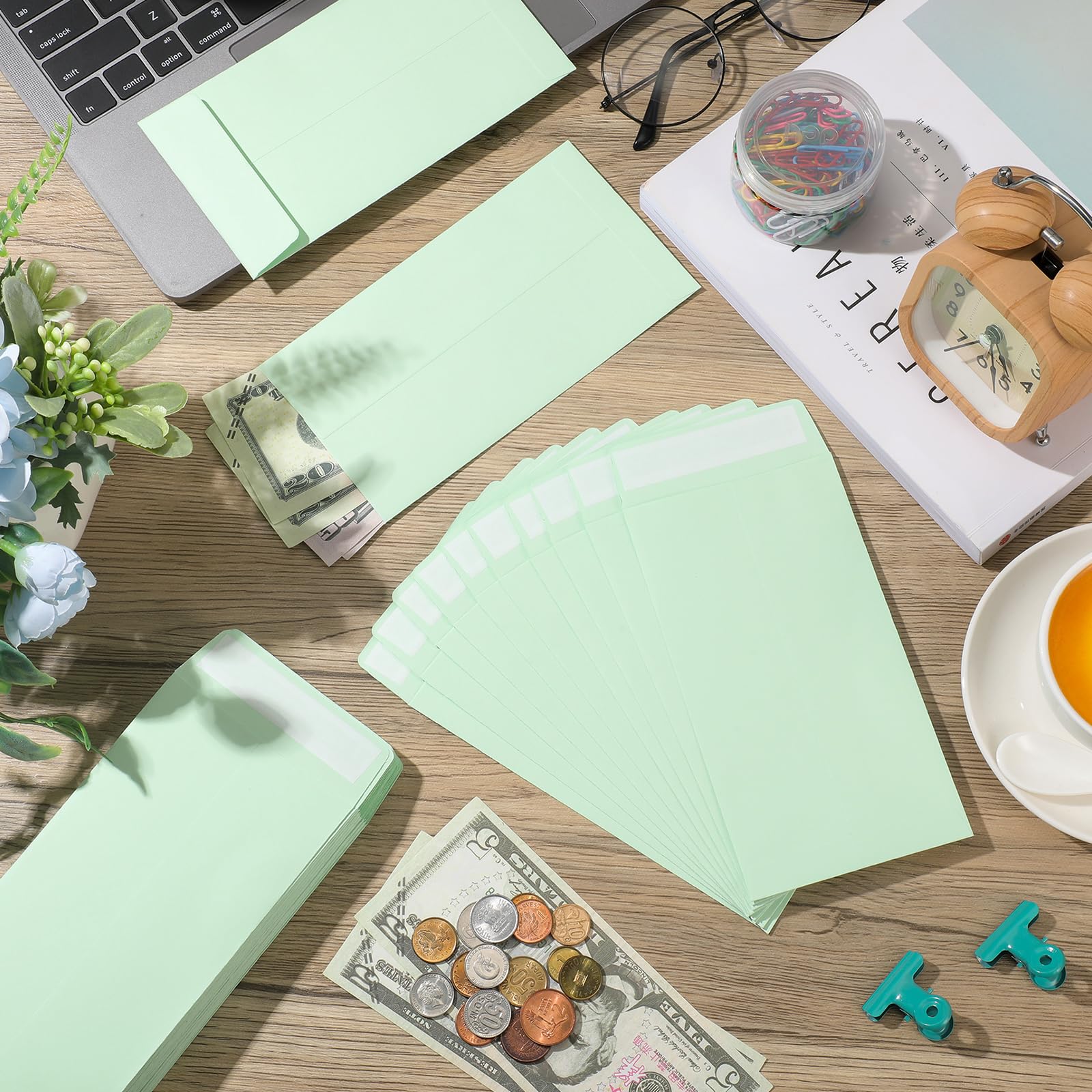 Fulmoon 500 Pcs Cash Envelopes Bulk - 110 GSM Money Saving Envelopes with Gummed Flap for Budgeting, Coin Storage & Gift Cards (3.5x6.5 Inch, Light Green) - Perfect for Cash Challenges, Wedding Cards & Office Organization