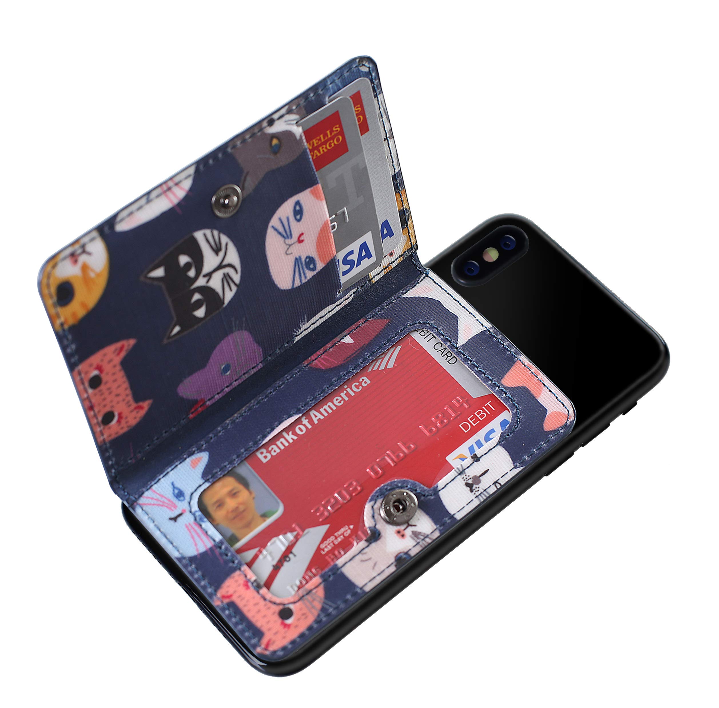 Premium Leather Phone Wallet with ID Card Holder & Kickstand - Waterproof Adhesive Back Sticker for iPhone, Samsung & Most Smartphones (Blue Cat) - Perfect for Work, Travel & Everyday Convenience