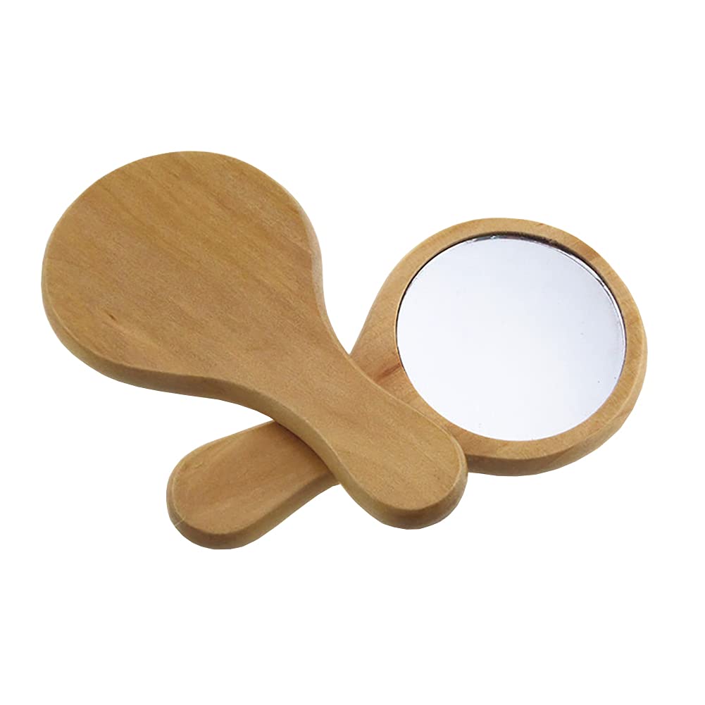 2 Pack Small Portable Wooden Makeup Mirror with Handle - Round Cosmetic Handheld Mirror for Travel, Vanity & Purse | Natural Wood Beauty Mirror for Home & On-the-Go Touchups