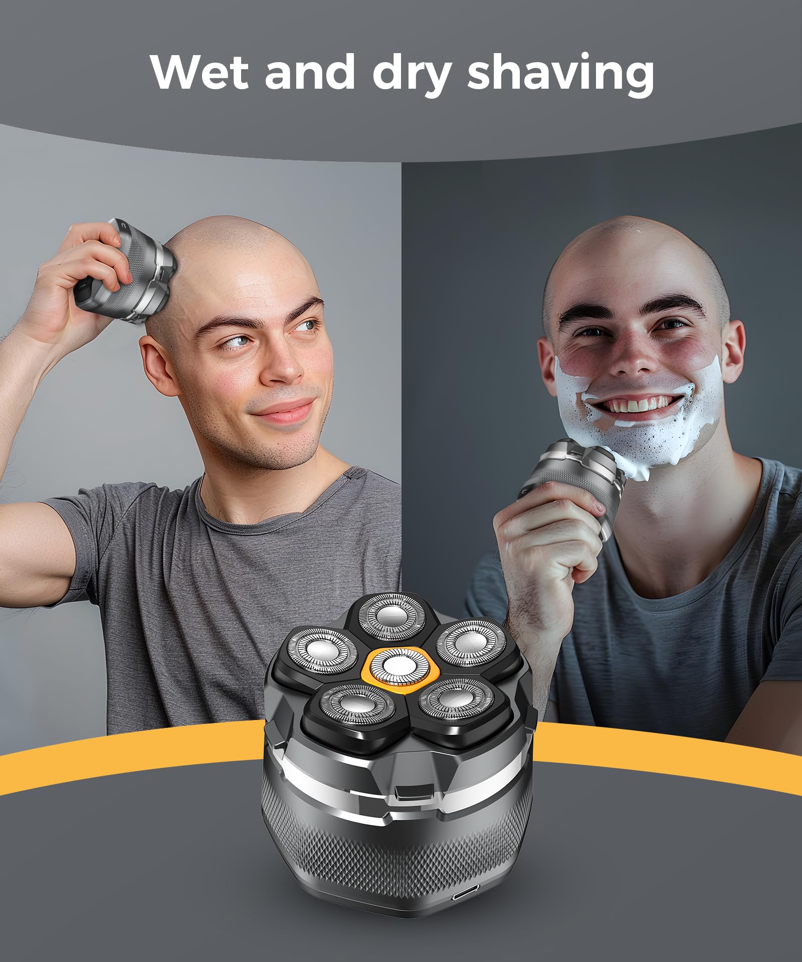Premium 6D Magnetic Electric Head Shaver for Bald Men - Rechargeable Waterproof Razor with 2 Replacement Heads - Perfect for Travel, Gym & Daily Grooming