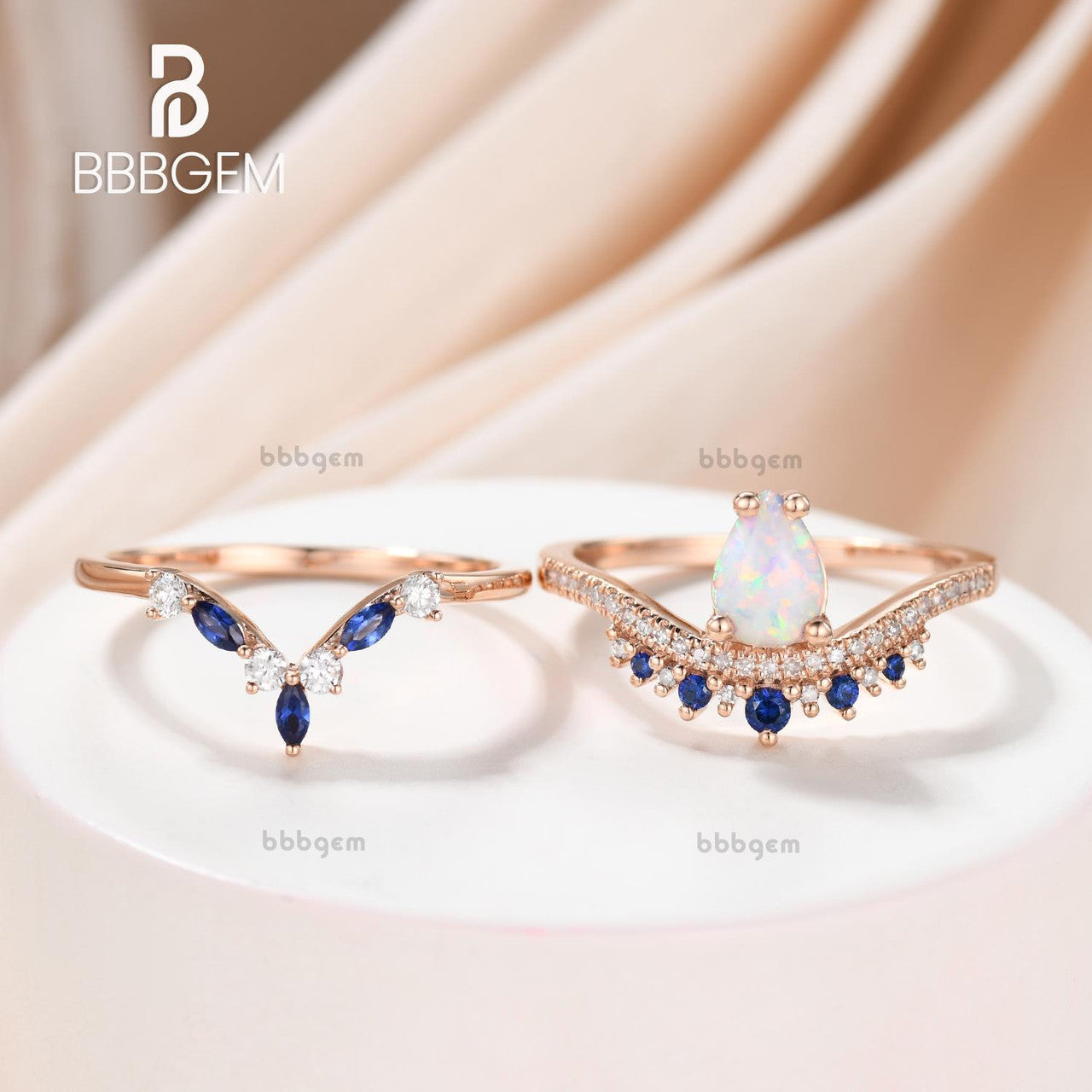 Pear Shaped Opal Engagement Ring with Diamond Accents & Blue Sapphire Wedding Band - Stackable Bridal Set for Proposal, Anniversary & Special Occasions