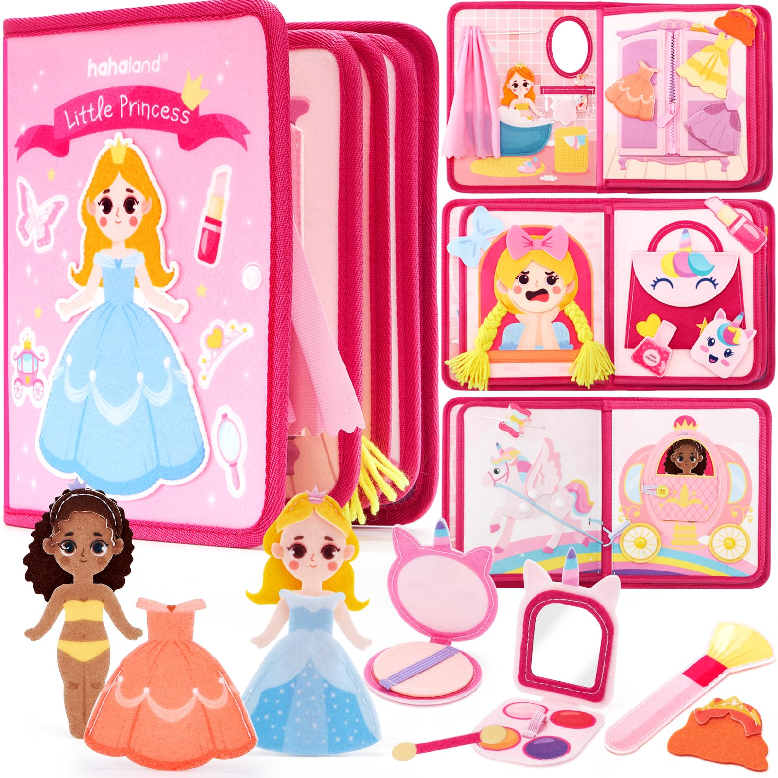 Hahaland Montessori Busy Board for Toddlers Ages 3-5 - Princess Themed Quiet Book & Pretend Play Learning Toy - Perfect Birthday Gift for 3-4 Year Old Girls | Educational Travel Toy for Preschoolers & Sensory Activity for Kids