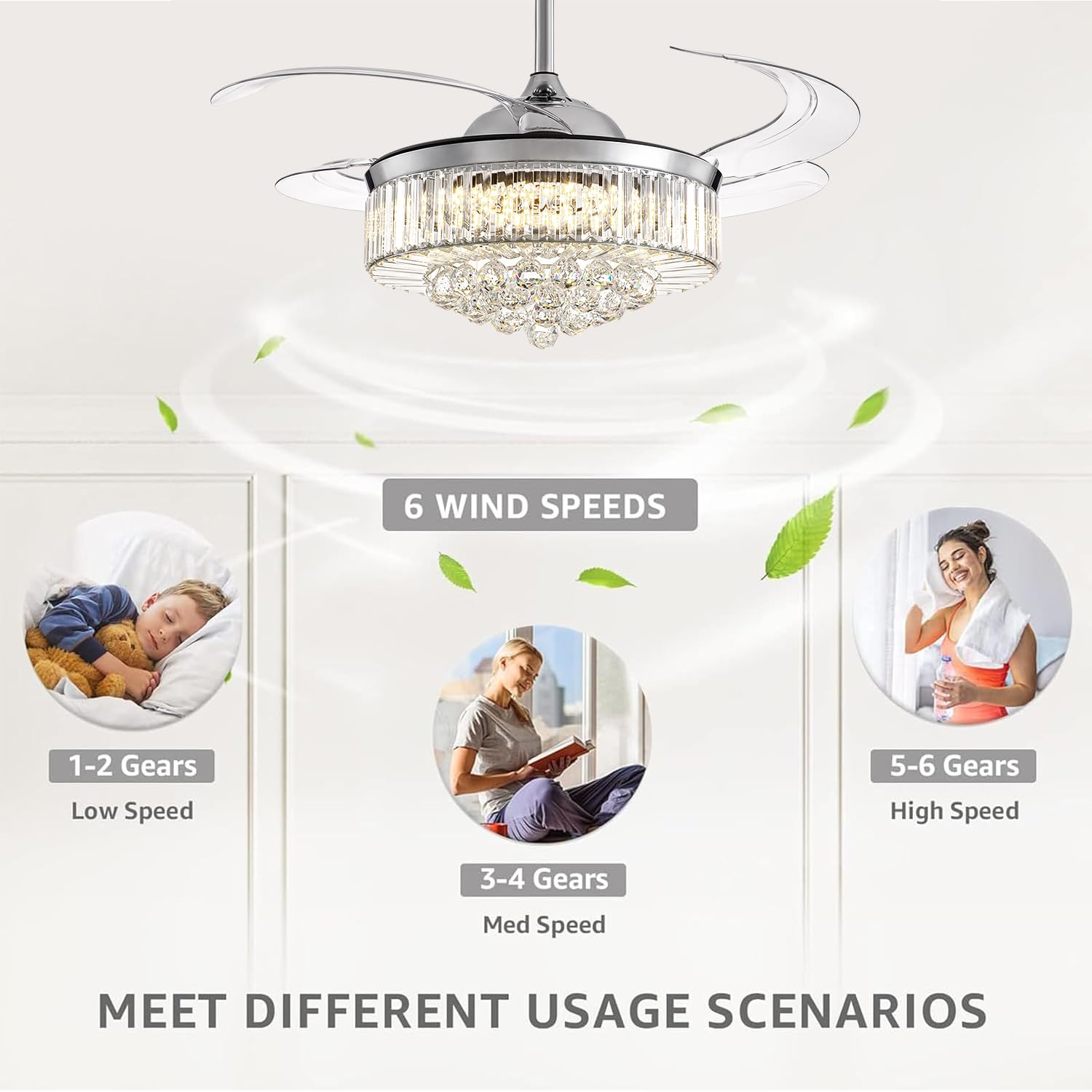 NOXARTE 48 Inch Crystal Chandelier Ceiling Fan with Light - Retractable Blades, Remote Control, Dimmable LED - Perfect for Bedroom, Living Room, Dining Room & Home Decor