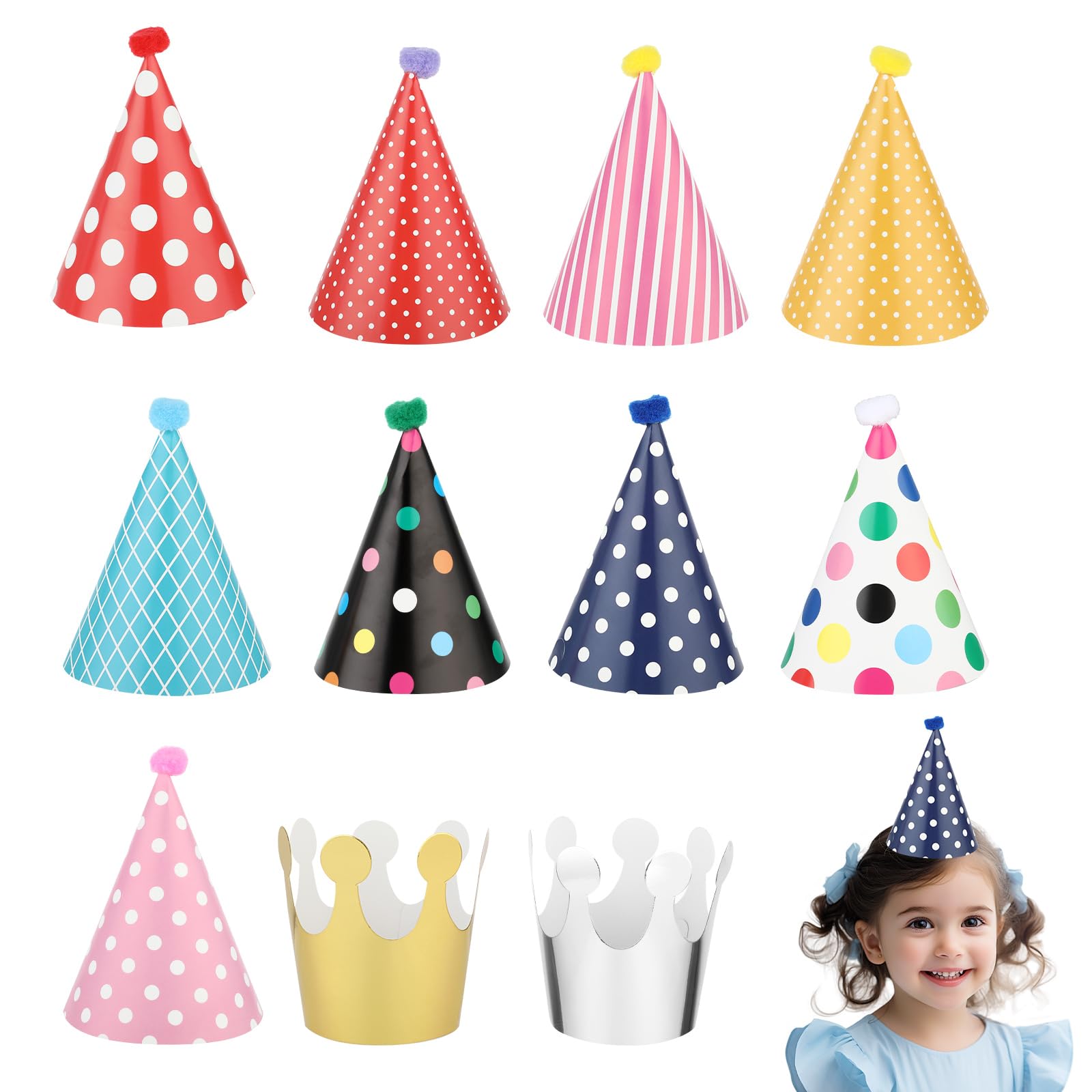 11 Pcs Birthday Party Hats Set - 9 Adorable Cone Hats with Pom Poms & 2 Paper Crowns - Colorful Mini Party Hats for Pet Birthday, Baby Shower & Kids Celebration Decorations