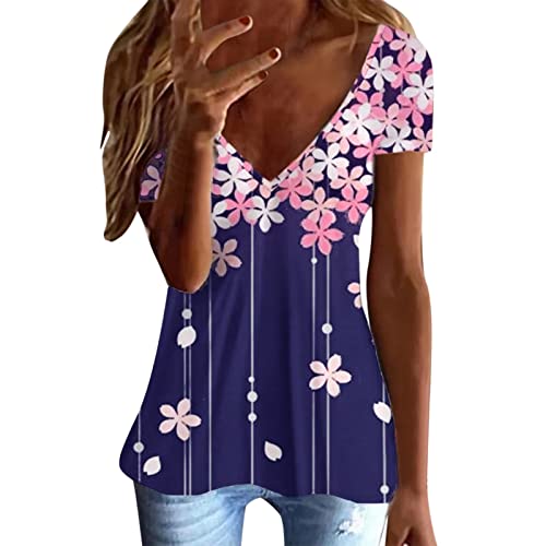 Women's Summer Short Sleeve V-Neck Tie-Dye Printed Casual T-Shirt - Breathable Comfort Tee for Beach, Outing & Daily Wear (Blue, Medium)