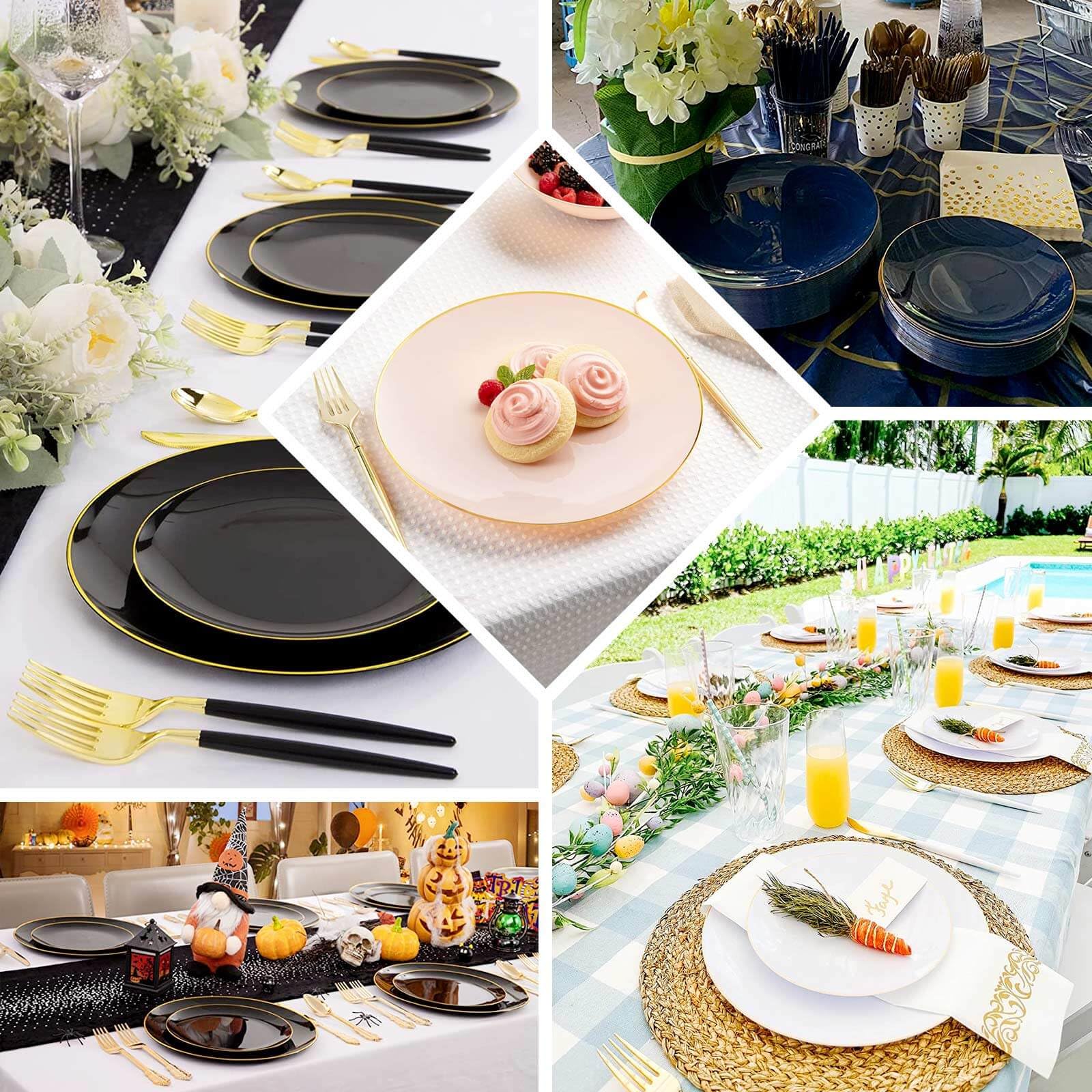 Efavormart 10 Pack 8 Inch Glossy Sage Green Round Plastic Dinner Plates with Gold Rim - Disposable Elegant Party Plates for Weddings, Bridal Showers, Birthday Celebrations & Special Events