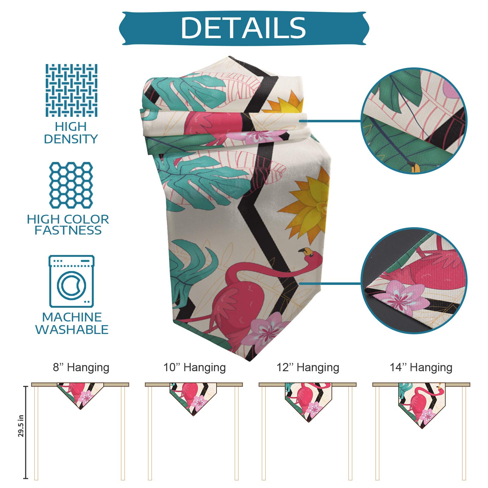 Burlap Table Runner with Zig Zag Flamingo & Tropical Plants Design - Non-Slip Rectangle Farmhouse Decor for Wedding, Party, Holiday Dinner - 13x70 Inch - Perfect for Rustic Weddings, Tropical Themed Parties & Farmhouse Dining Room Decor