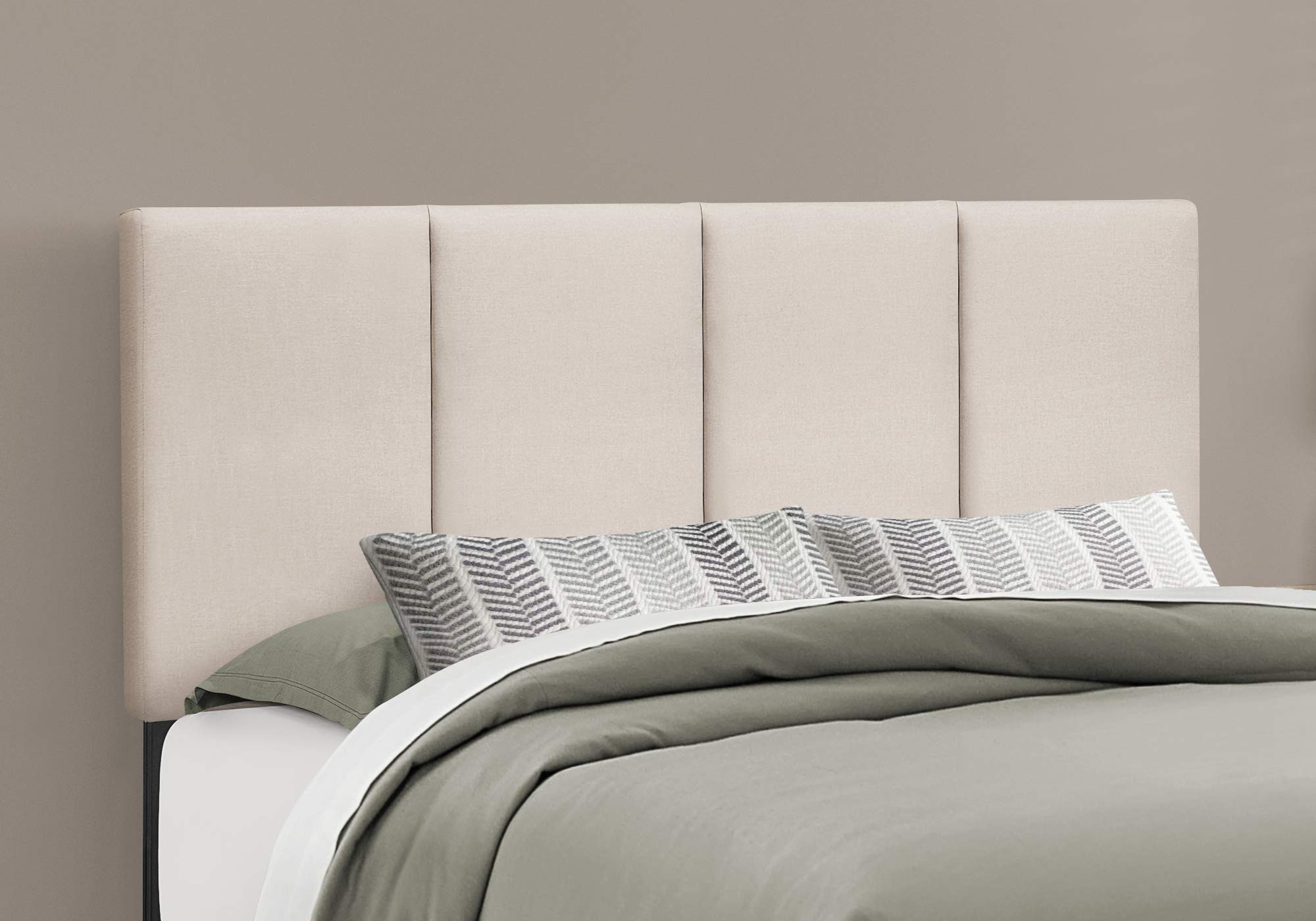 Monarch Specialties Queen Size Upholstered Platform Bed Frame - Beige & Black Linen Look for Modern & Transitional Bedrooms | Perfect for Master Bedroom, Guest Room & Apartment