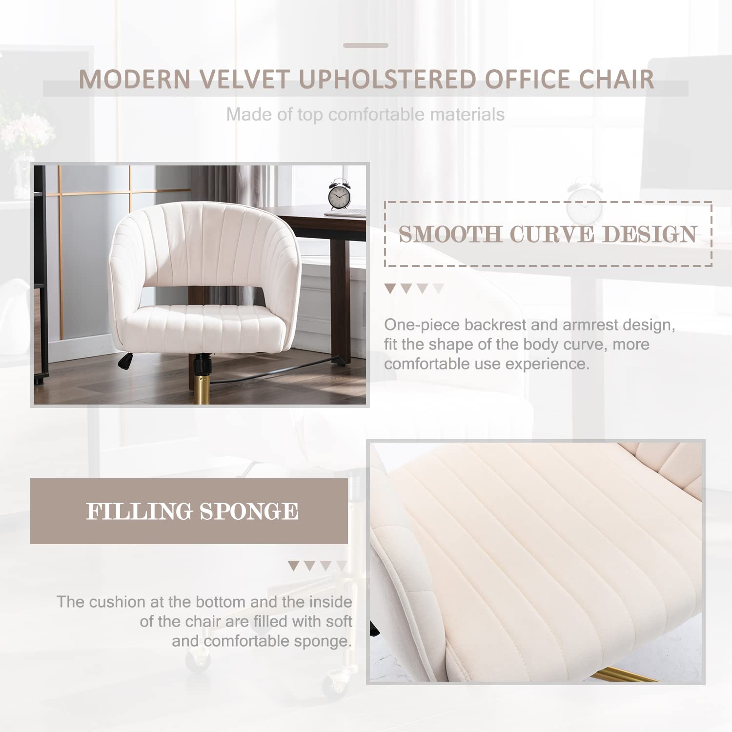 Velvet Office Desk Chair with Wheels - Modern Swivel Vanity Chair with Gold Base for Bedroom, Home Office & Study - Ergonomic Comfort for Work & Makeup (Beige)