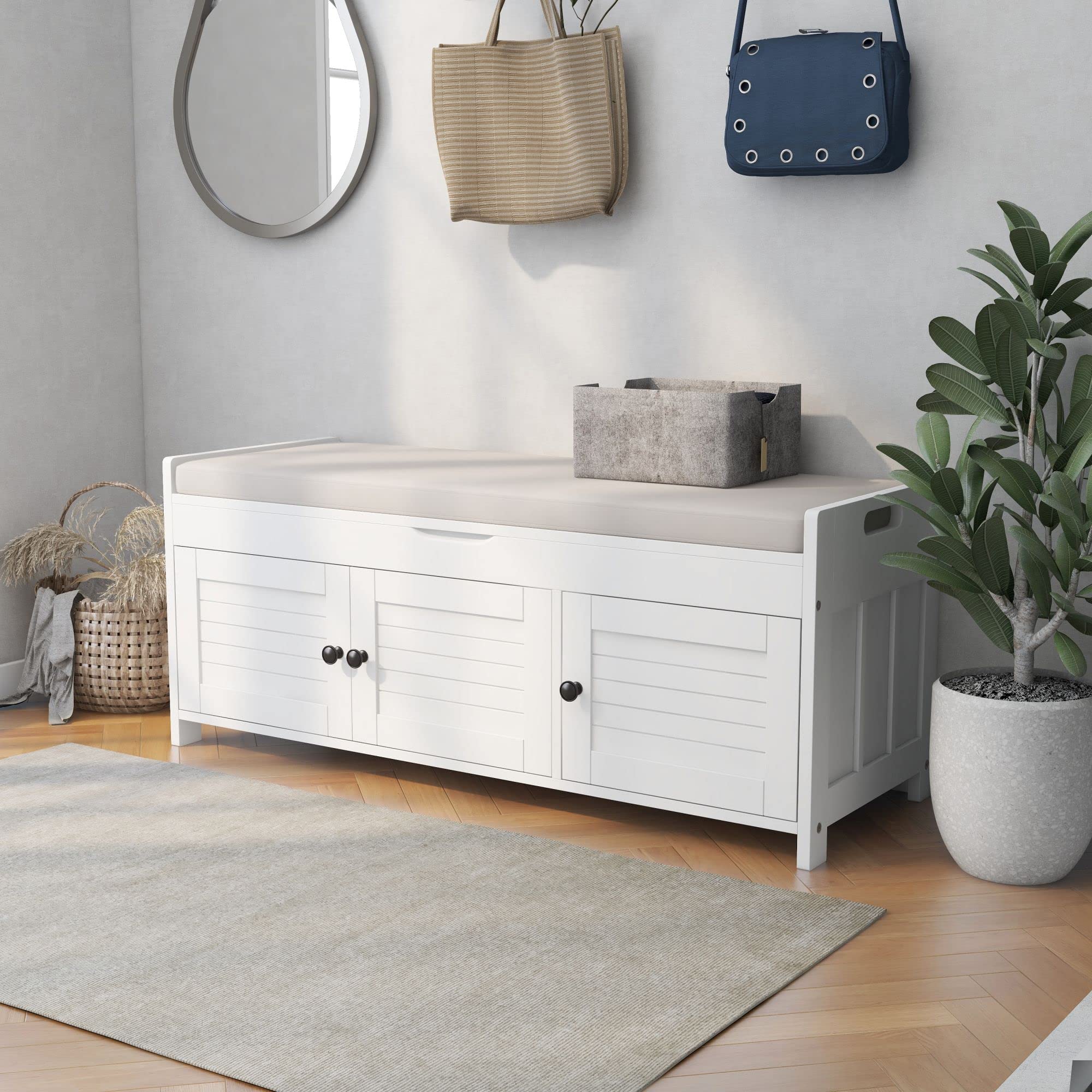 SOFTSEA White Upholstered Storage Ottoman Bench with Removable Beige Cushion - 3 Shutter Doors & Hidden Compartment - Multi-Functional Entryway, Living Room, Bedroom Furniture for Shoes, Blankets & Home Organization