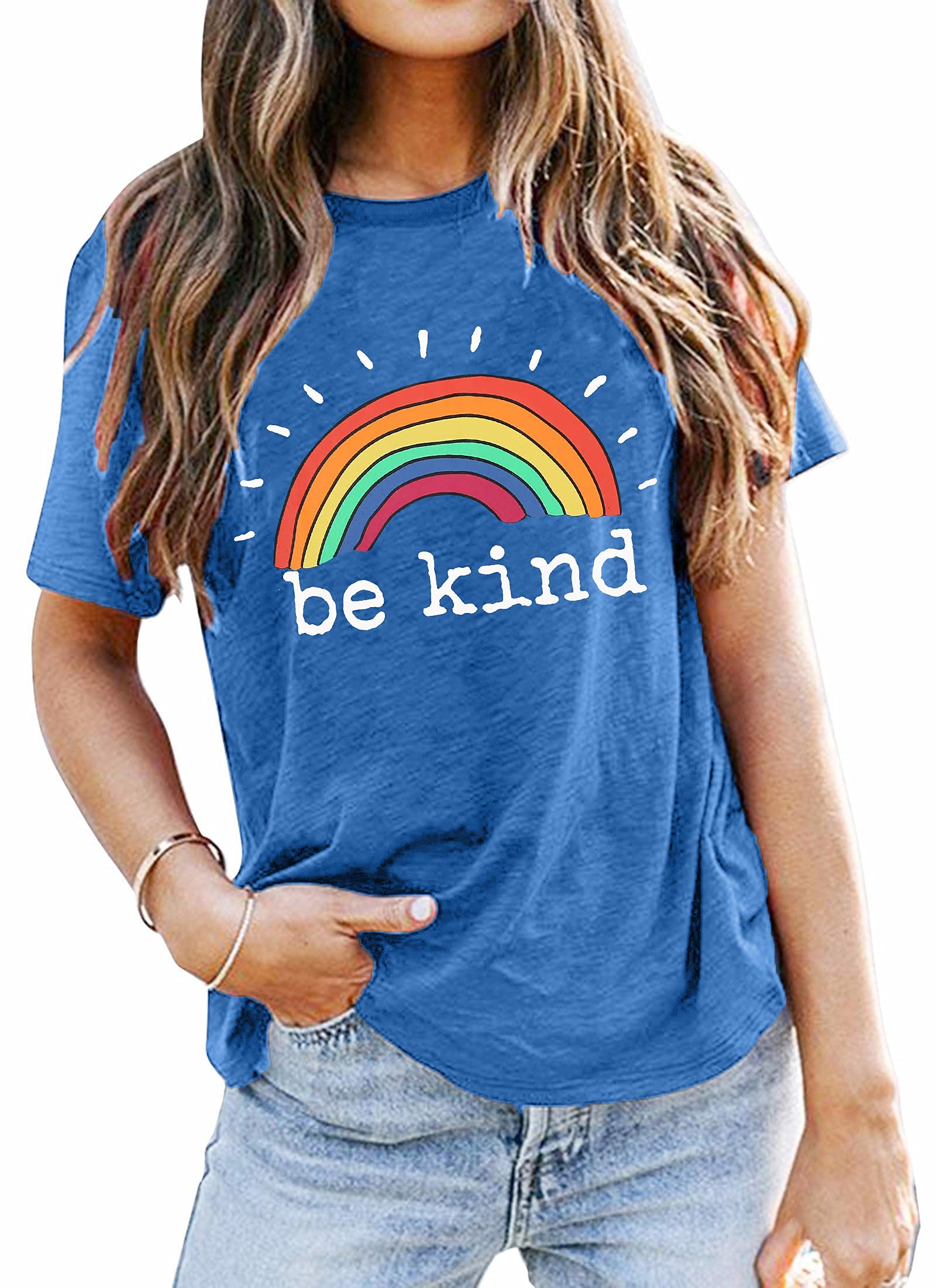 Be Kind Rainbow Graphic Tees for Women - Funny Inspirational Saying Casual Short Sleeve Tops - Positive Message Shirts for Everyday Wear & Motivational Gifts