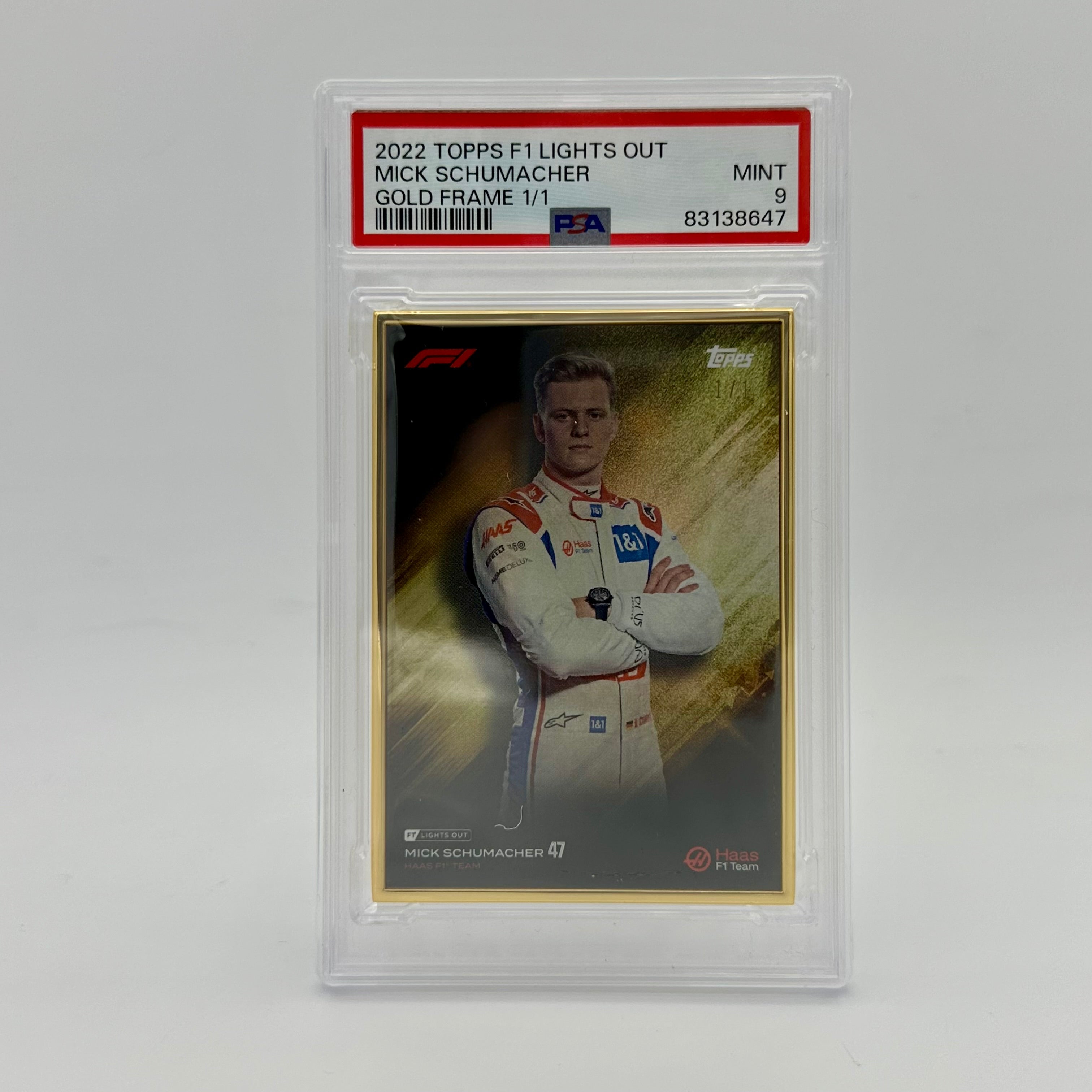 1/1 Gold Frame Mick Schumacher 2022 Lights Out PSA 9 Graded Racing Collectible - Perfect for F1 Memorabilia Displays & Motorsport Fan Collections