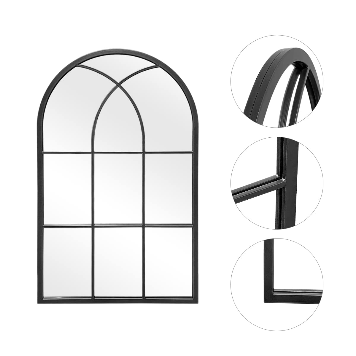 24x38 Inch Arched Wall Mirror - Black Farmhouse Bathroom Mirror with Metal Frame for Living Room & Bedroom | Elegant Windowpane Design for Home Decor & Vanity Use