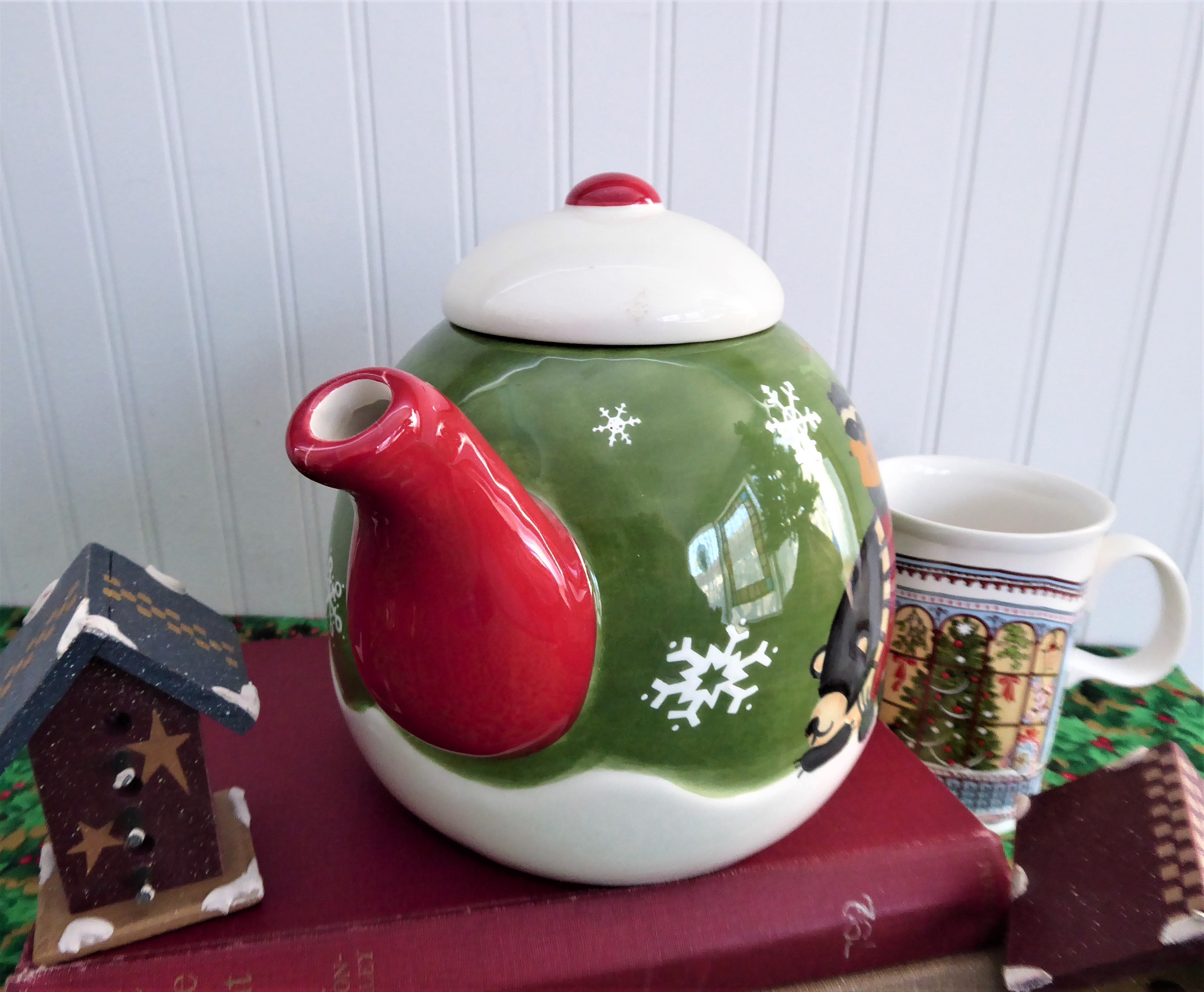 Debbie Mumm Christmas Winter Folk Art Teapot with Bear and Raccoon Design - Large Holiday Teapot for Winter Decorations, Gift Giving & Cozy Tea Time