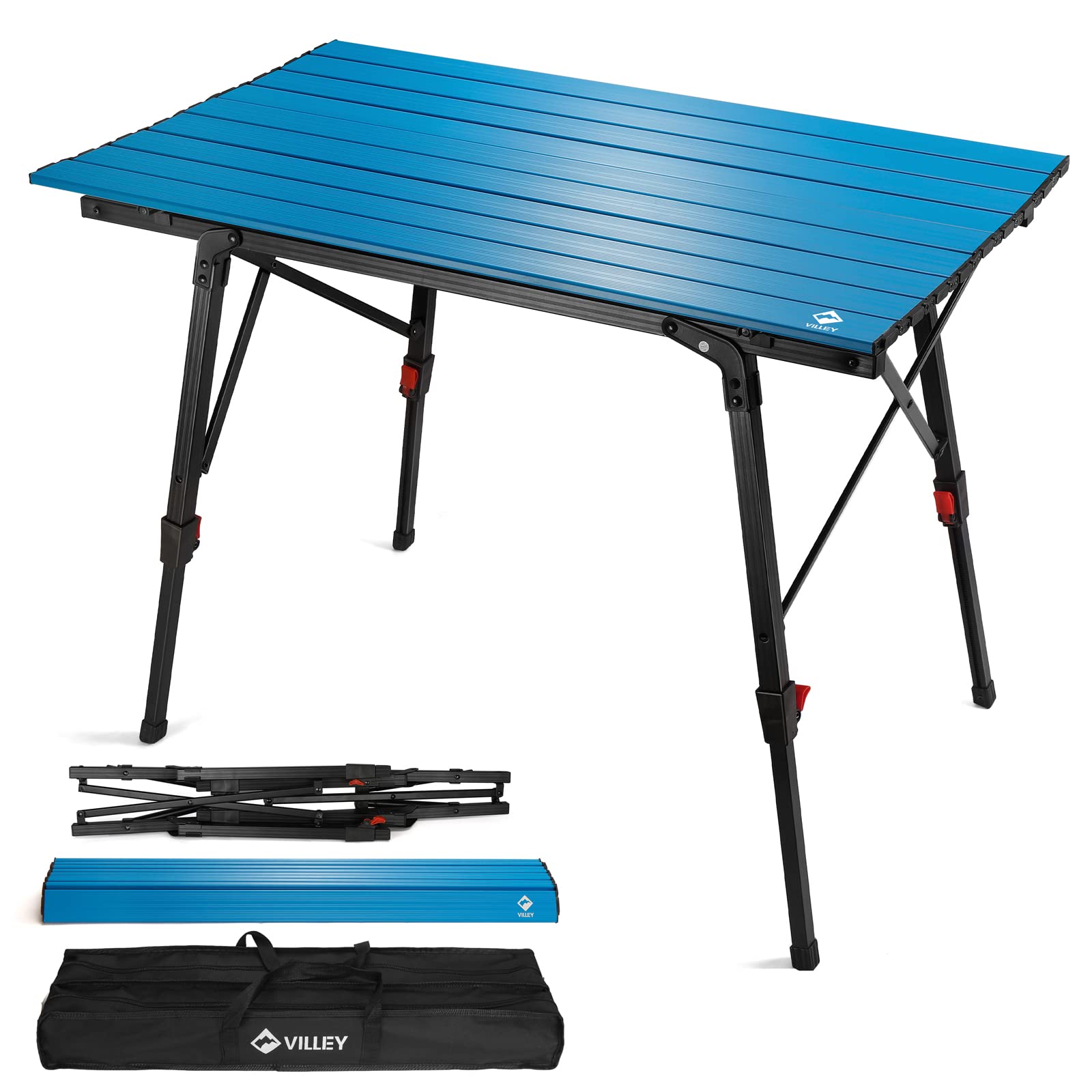 VILLEY Portable Camping Table with Adjustable Height - Lightweight Aluminum Folding Table for Outdoor Cooking, Picnic, Beach, Backyard, BBQ & Travel - Includes Carrying Bag | Perfect for Camping Trips, Tailgating & Beach Parties