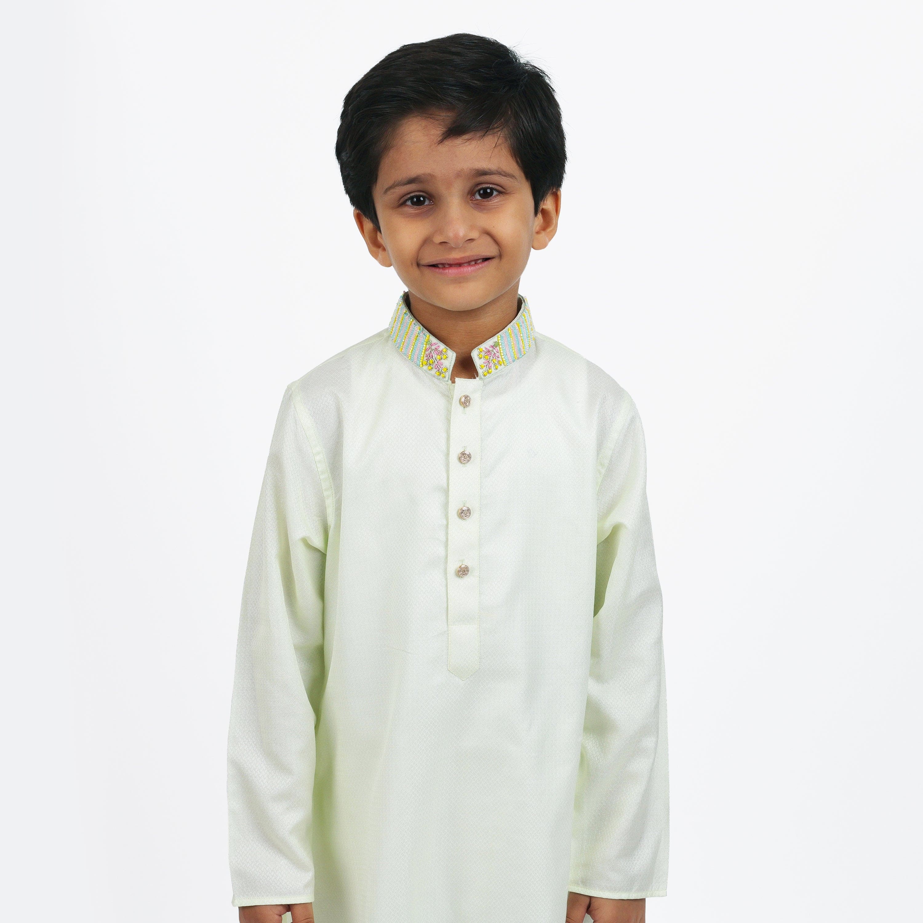 Pre-Order Lemon Yellow Embroidered Collar Kurta with White Pants Set for Boys | Traditional Indian Ethnic Wear for Festivals & Special Occasions