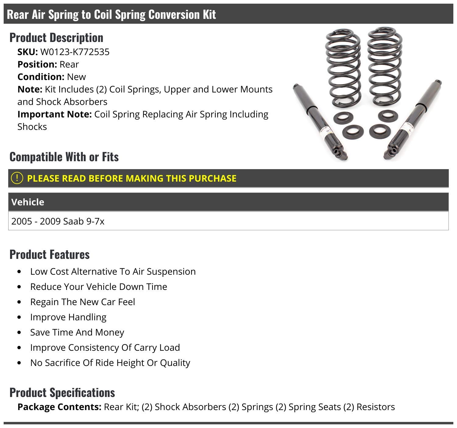Rear Air Spring to Coil Spring Conversion Kit for 2005-2009 Saab 9-7x | Heavy Duty Suspension Upgrade | Improve Ride Comfort & Load Capacity for Off-Road & Towing