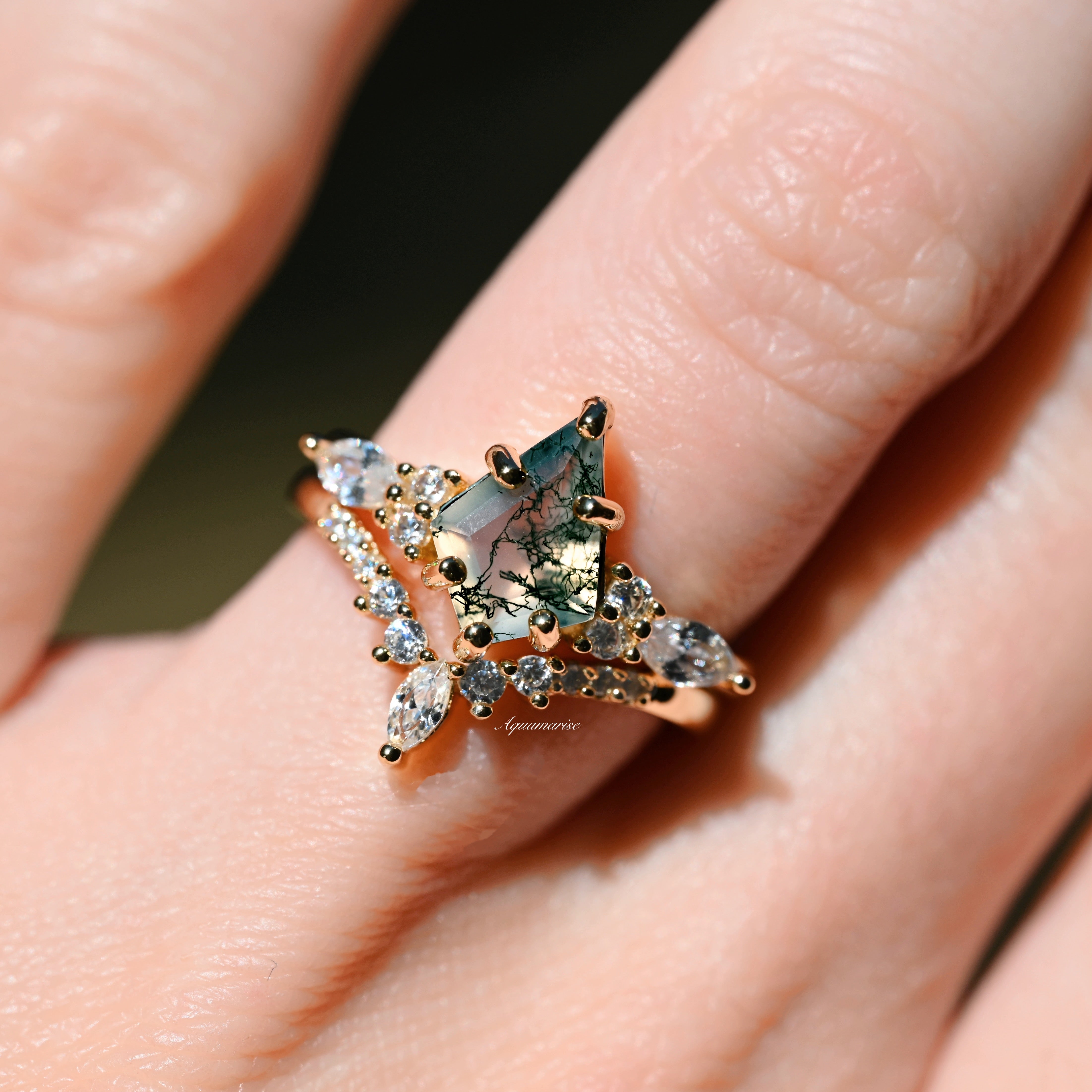 Skye Kite™ Green Moss Agate Ring Set - 14K Solid Yellow Gold Women's Jewelry | Nature-Inspired Gemstone Rings for Everyday Wear, Gift Giving & Special Occasions