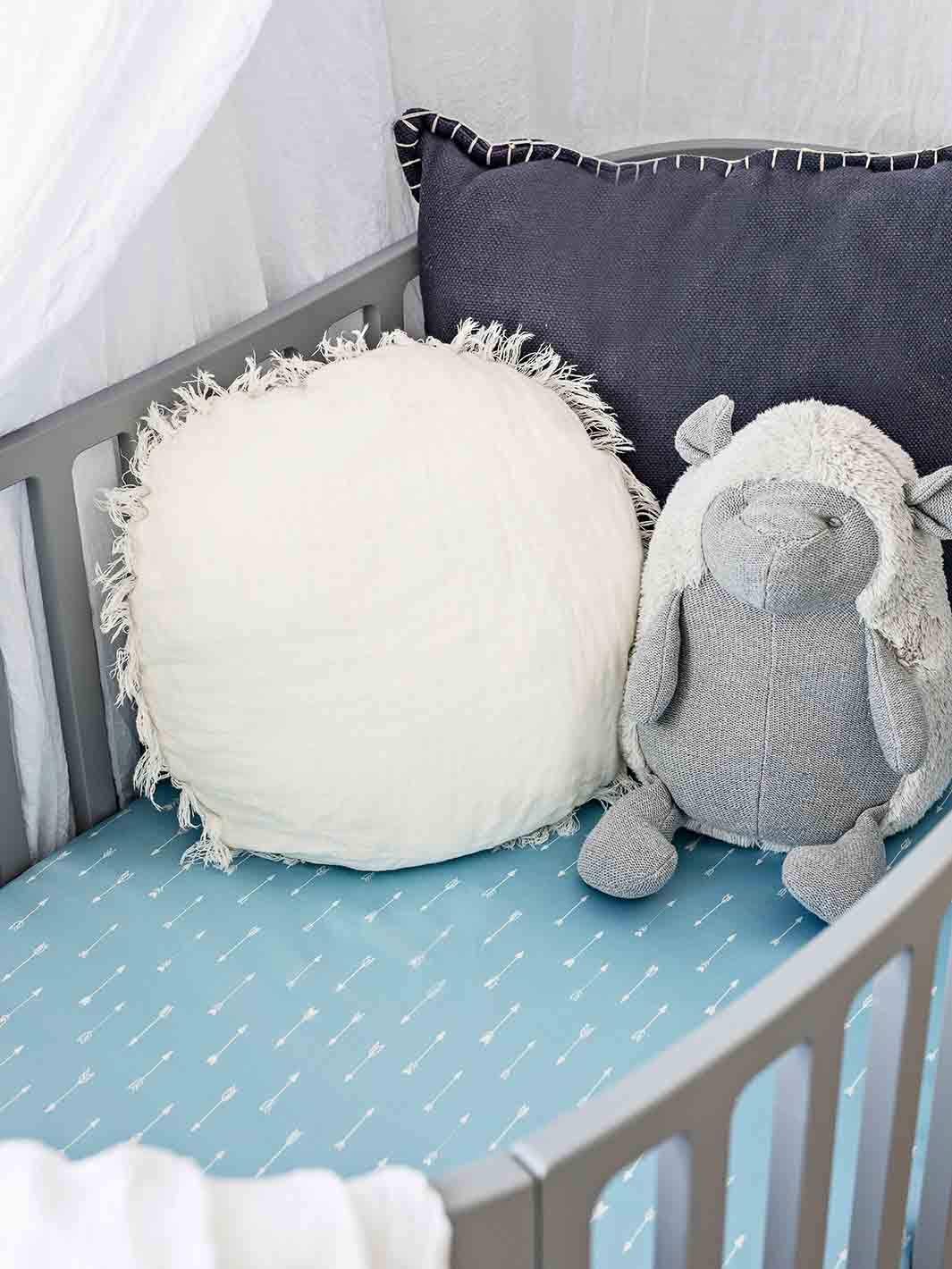 Silk Crib Fitted Sheet for Babies - 25 Momme Mulberry Silk Baby Bedding | Hypoallergenic & SIDS Safe Crib Sheet for Hair Loss & Eczema | Sky Blue Arrows Design | Perfect for Nursery, Daycare & Travel