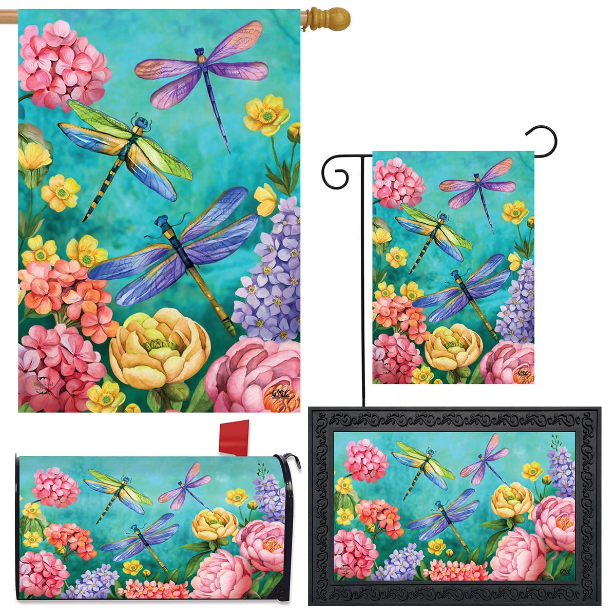 Briarwood Lane Spring Home Decor Bundle - Garden Flags, House Flags, Mailbox Covers & Doormats - Dragonfly Themed Spring Decorations for Indoor & Outdoor Use - Perfect for Porch, Yard & Front Door Decorating