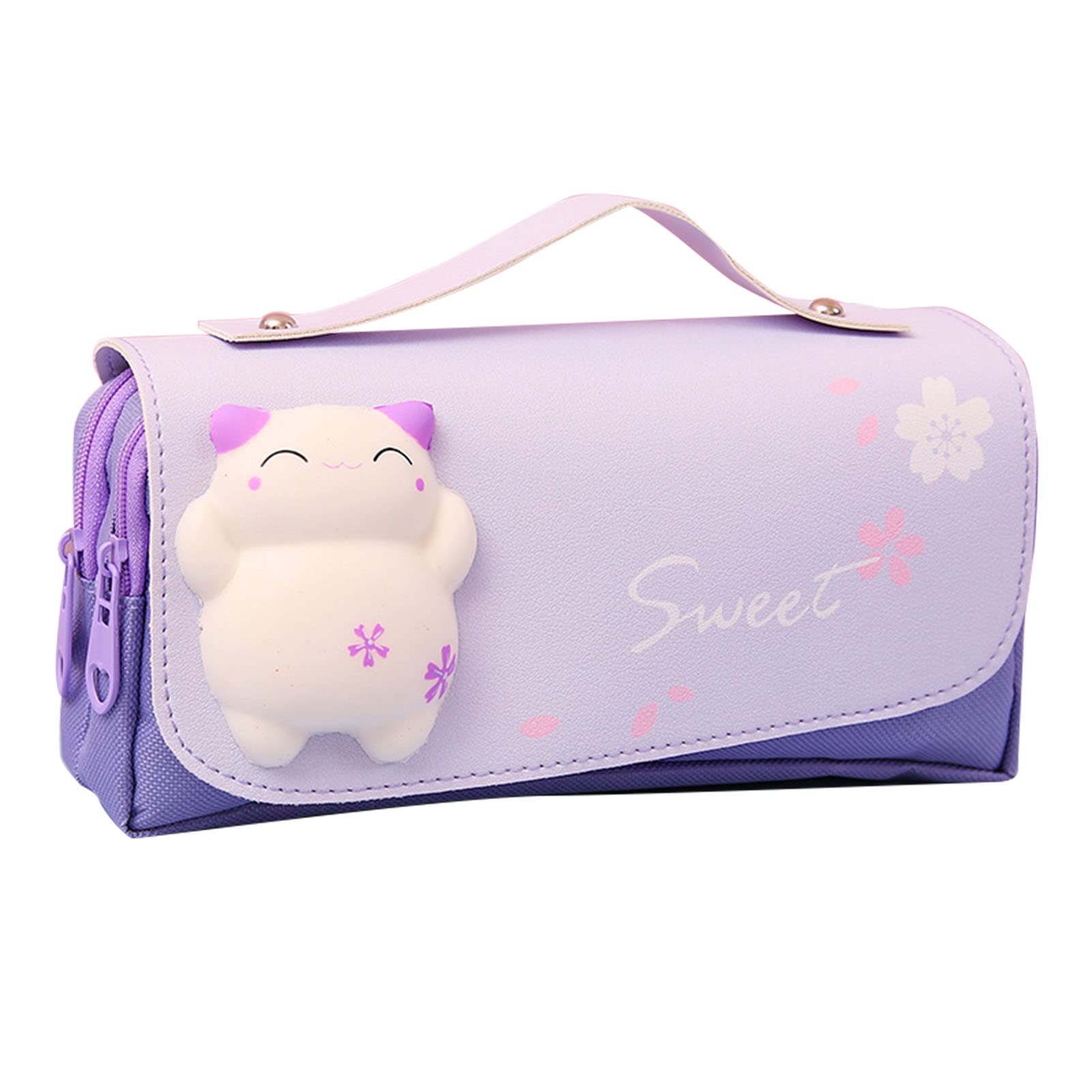 Cute Kawaii Cat Pencil Case with Squishy Stress Toy - Large Capacity School Pen Pouch with Handle for Kids & Teens - Perfect for School, Office & Travel (Purple, Cat Design)