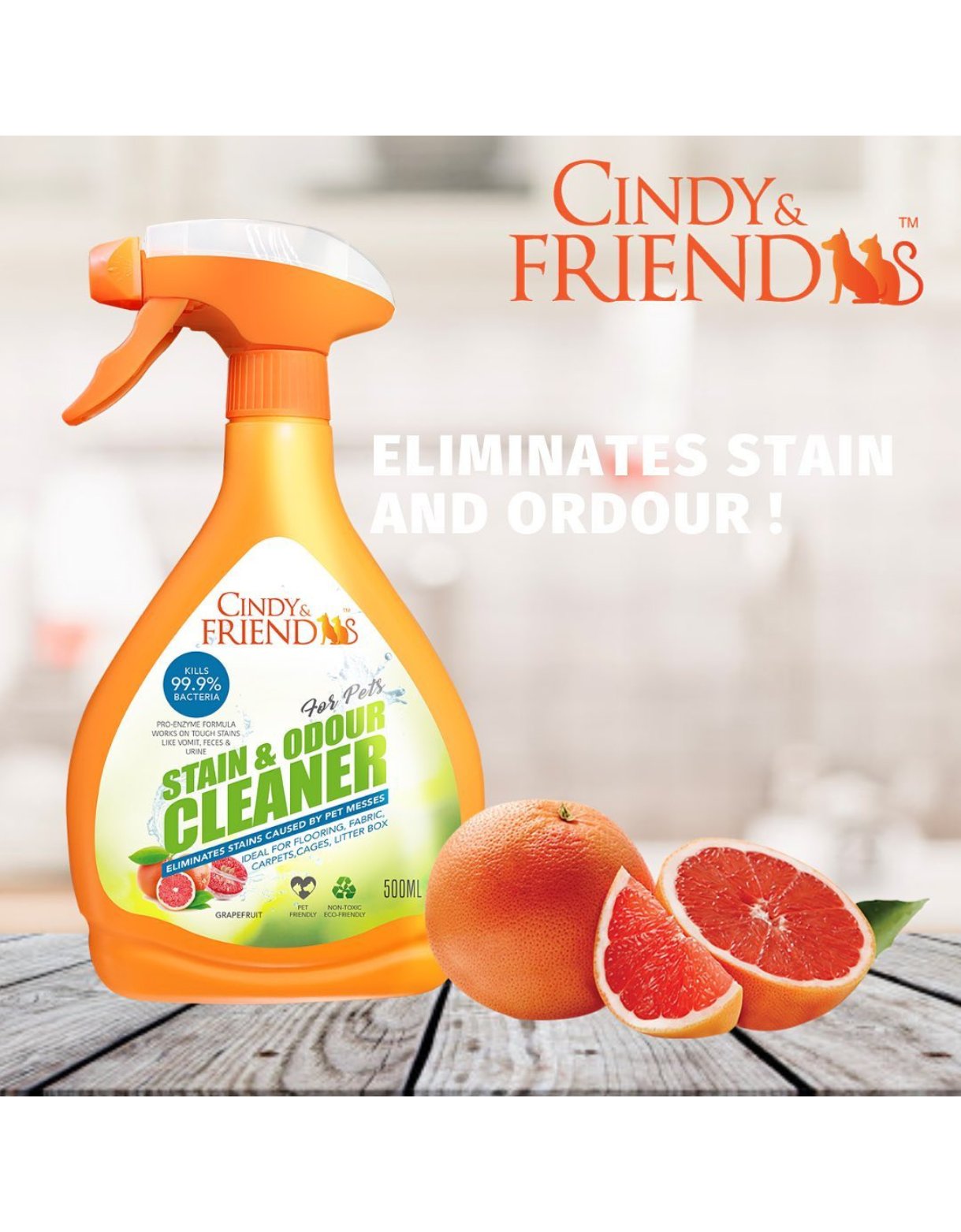 Cindy & Friends Pet Stain & Odor Eliminator Spray - Grapefruit Scent, 500ml | Removes Tough Stains & Neutralizes Odors for Dogs & Cats | Perfect for Carpets, Upholstery & Pet Beds
