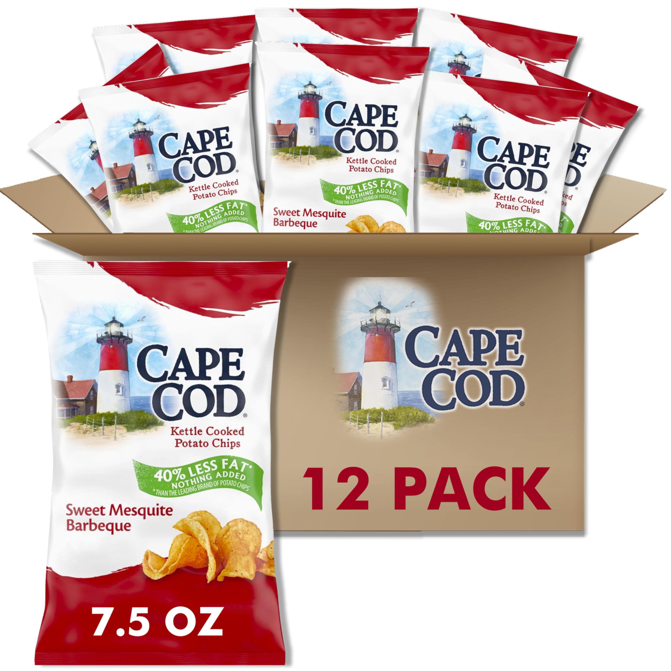 **Cape Cod Sweet Mesquite BBQ Kettle Cooked Potato Chips - Low Fat, Gluten Free Snacks - 7.5 Oz (12 Pack) - Perfect for Parties, Picnics & Game Day Snacking**