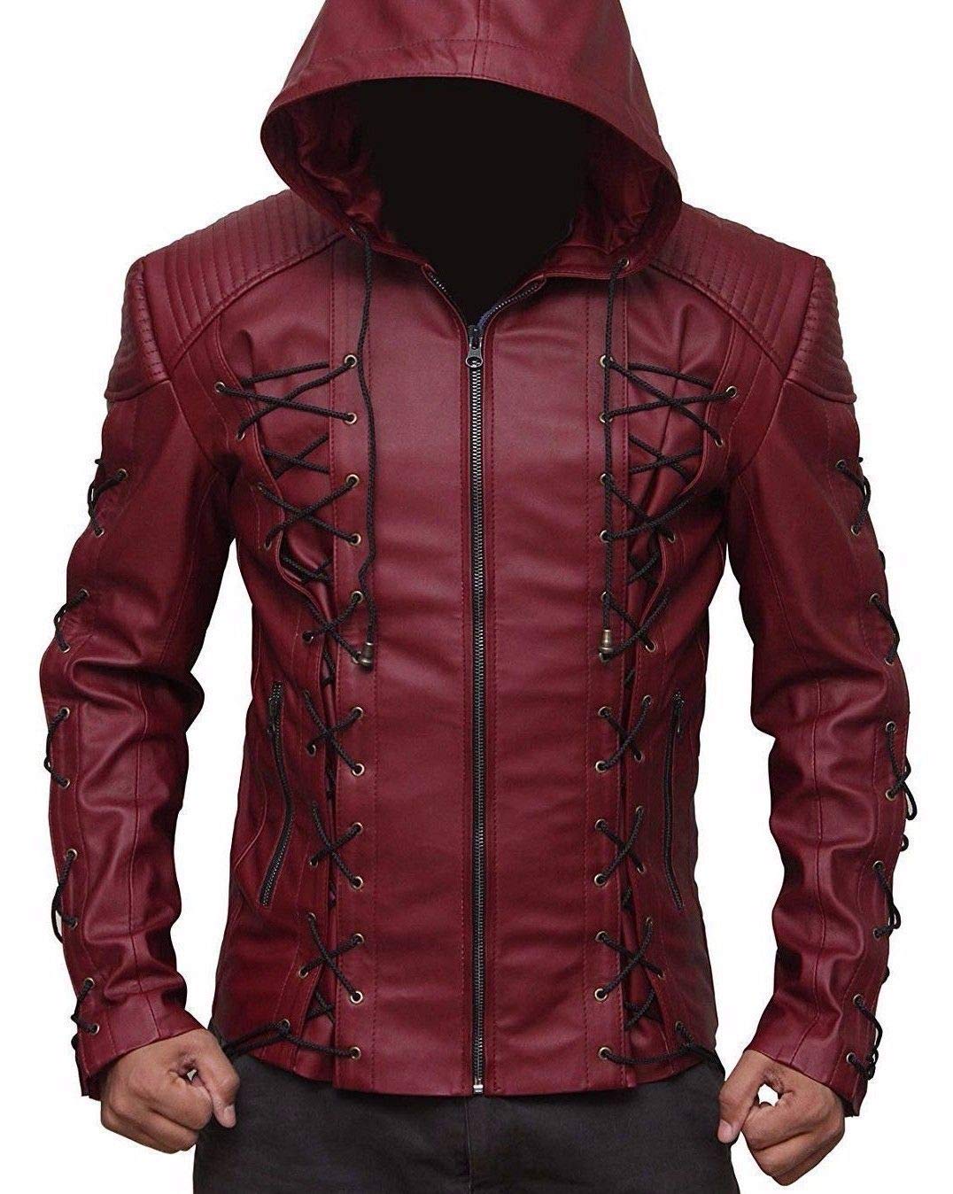 Arrow Arsenal Red Hooded Faux Leather Jacket - Cosplay Costume for Halloween, Comic Con & Superhero Themed Parties