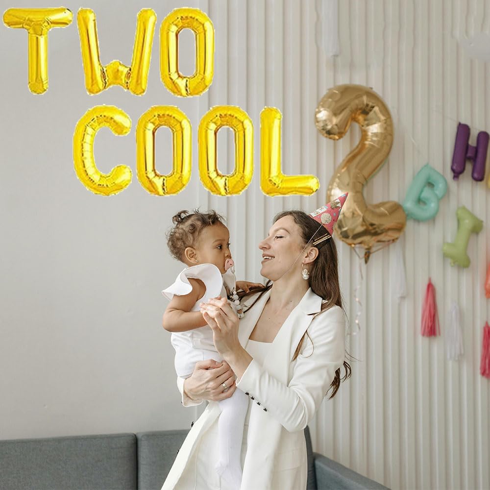 16 Inch Gold Letter Foil Balloons for Birthday Party Decorations - AonnDeel TWO COOL Alphabet Balloons for Baby Shower, 2nd Birthday & Special Events - Perfect for Party Backdrops, Photo Booths & Celebration Decor