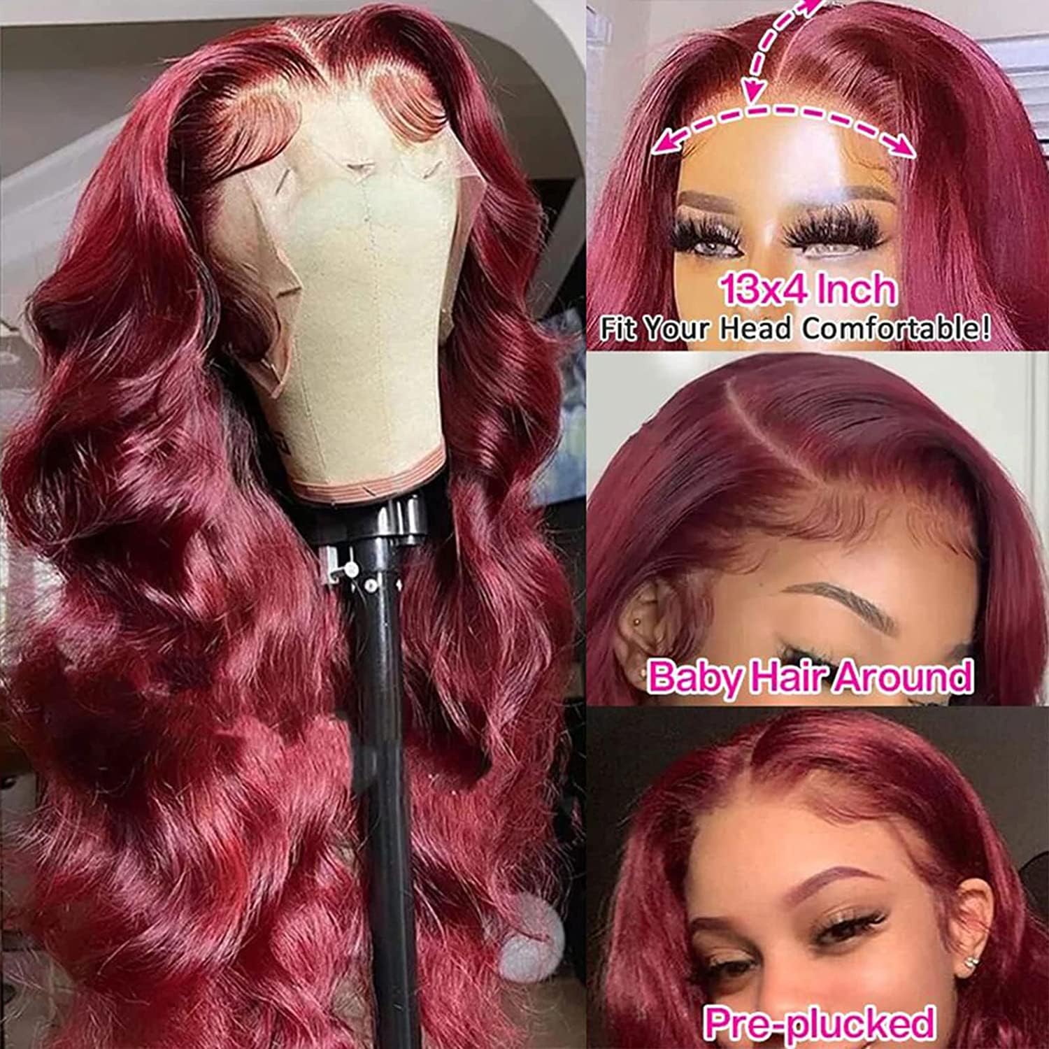 99j Burgundy Lace Front Wigs Human Hair 13x4 Body Wave Frontal Wig - 200% Density 22 Inch Wine Red HD Transparent Lace Wig for Women | Pre-Plucked with Baby Hair | Glueless Burgundy Body Wave Colored Wig | Perfect for Cosplay, Parties, Weddings & Daily Wear