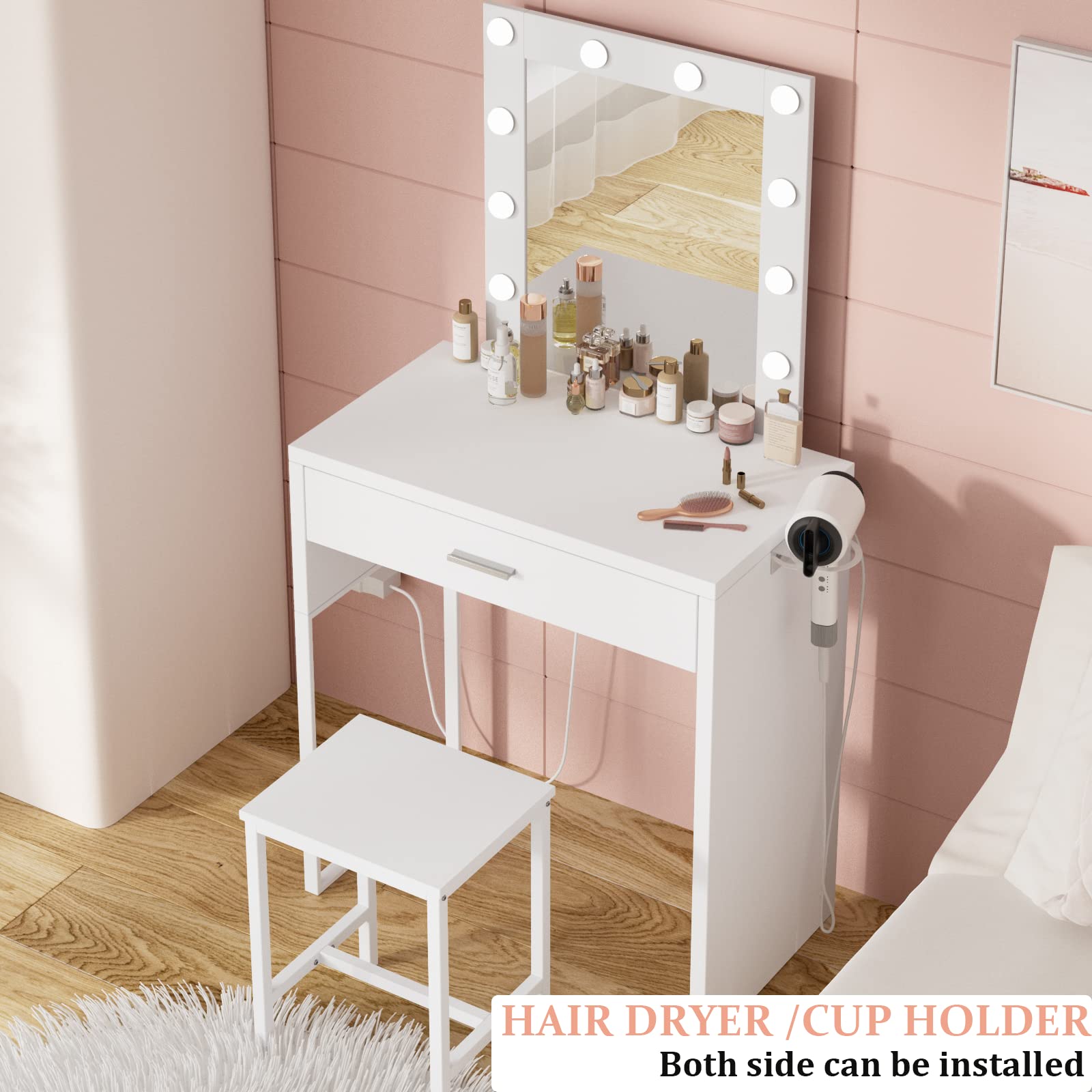 White Makeup Vanity Desk with LED Lights & Mirror - Adjustable Brightness Vanity Table & Chair Set for Girls' Bedroom | Perfect for Beauty Routine, Dressing Area & Small Space Decor