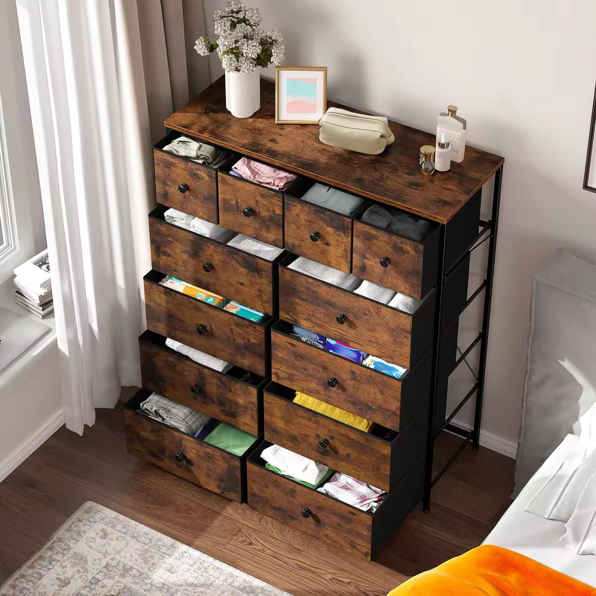 12-Drawer Tall Dresser for Bedroom with Wooden Top & Metal Frame - Rustic Brown Fabric Chest of Drawers (40.6