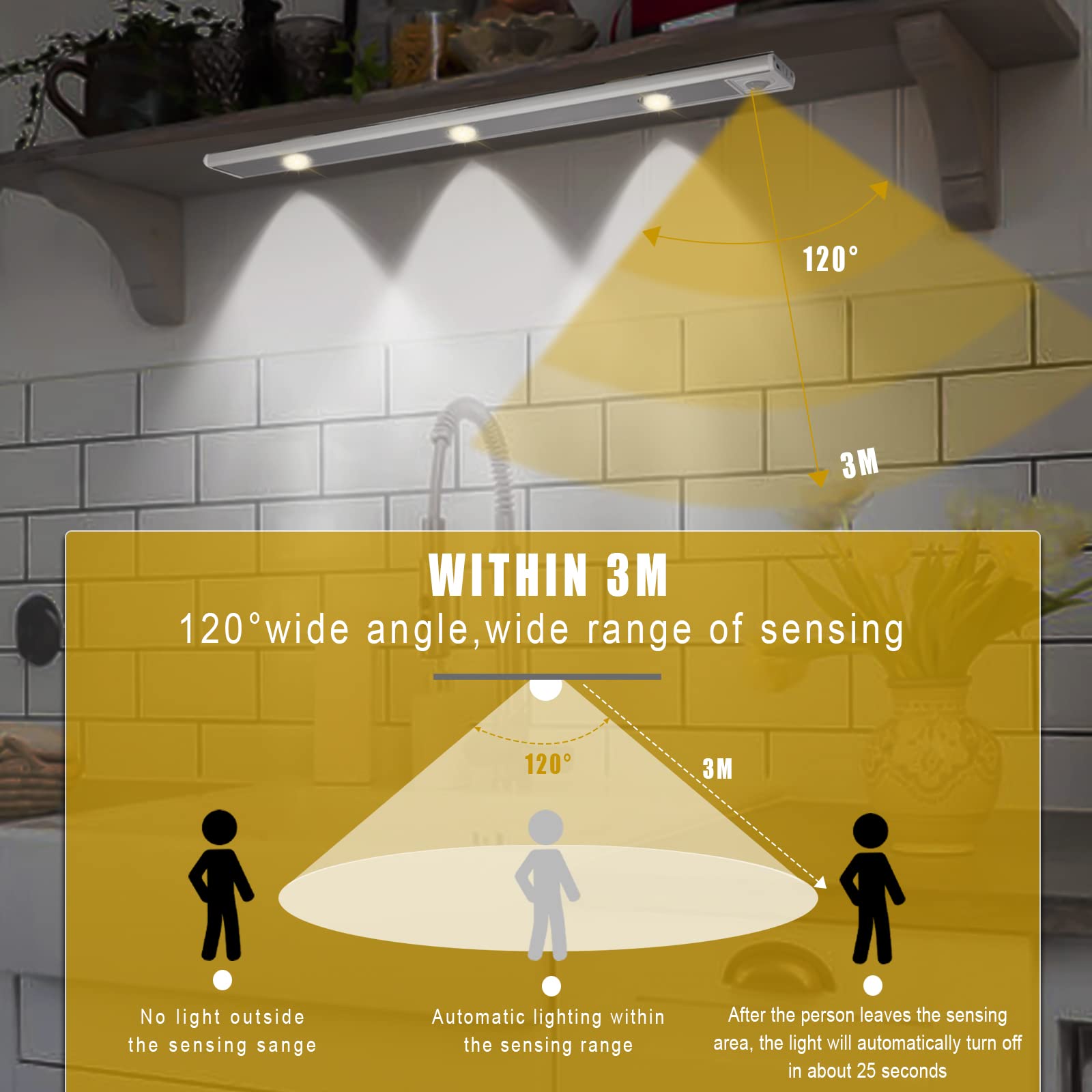 Under Cabinet Lights - 3 Color Dimmable LED Motion Sensor Closet Lighting, Rechargeable Wireless Magnetic Night Light for Kitchen, Wardrobe, Cabinet & Cupboard (40cm) - Perfect for Dark Spaces, Pantry Organization & Nighttime Safety