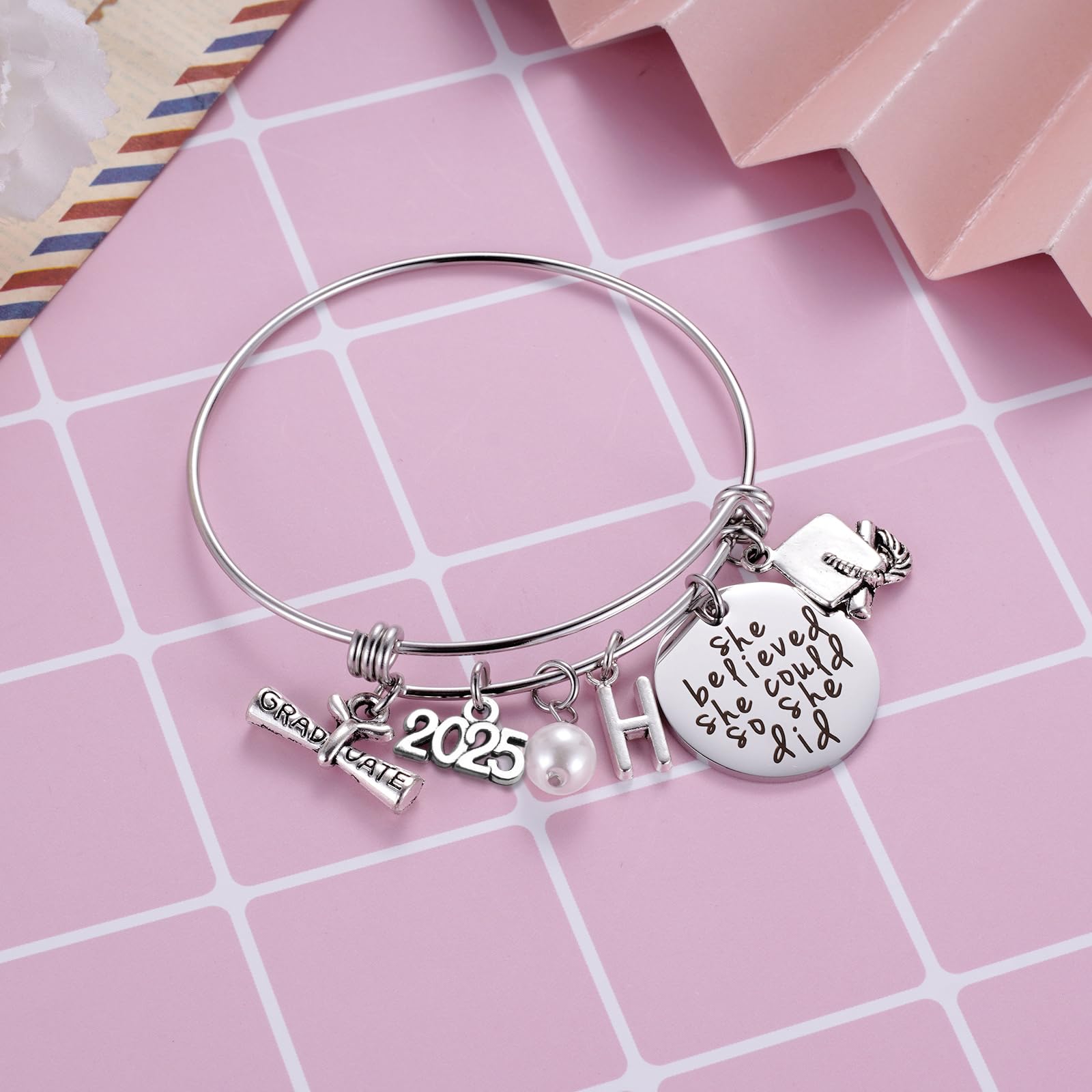 Ukodnus Class of 2025 Graduation Bracelet - Personalized 26 Initial Charm Bracelet for High School & College Graduates - Inspirational Gift for Her - Perfect for Graduation Ceremonies, Senior Week & Alumni Celebrations