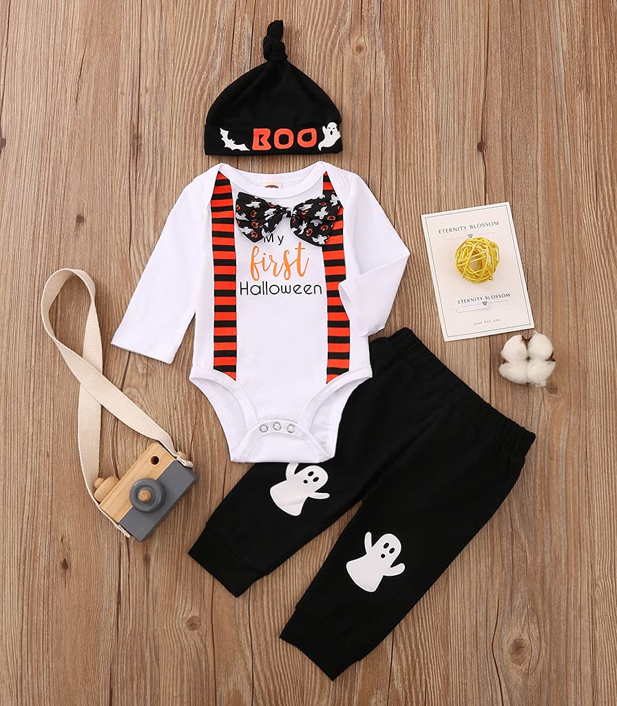 Baby Boy Halloween Outfit 3Pcs Set - Ghost Print Romper & Hat for First Halloween