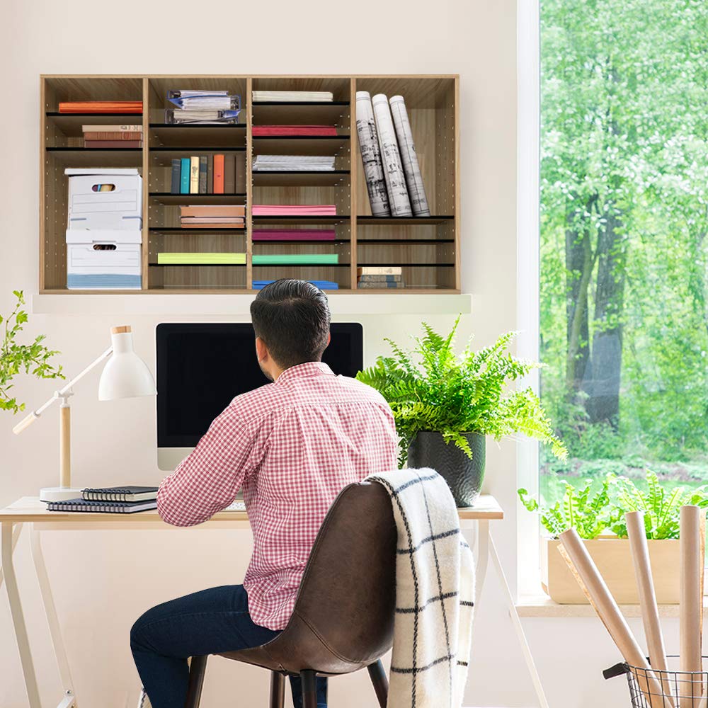 AdirOffice Wooden Adjustable Literature Organizer - 36 Compartment Office Mailbox for Classroom & Home Organization - Medium Oak Finish - Perfect for Teachers, Offices & Home Desks